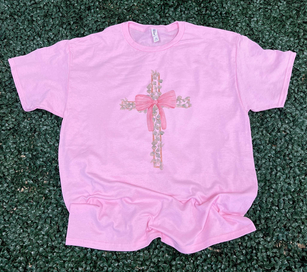 Cross with Leaves and Pink Bow On - Adult & Kids T-Shirts, Sweatshirts & Hoodies apparel design preview 1