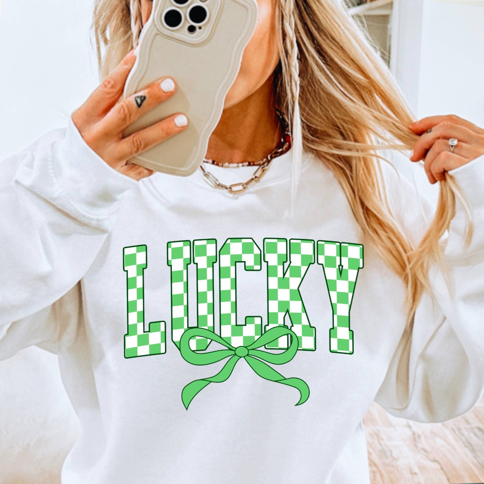 Lucky Coquette Bow St. Patrick's Day Graphic Crewneck - Adult & Kids T-Shirts, Sweatshirts & Hoodies apparel design preview 1