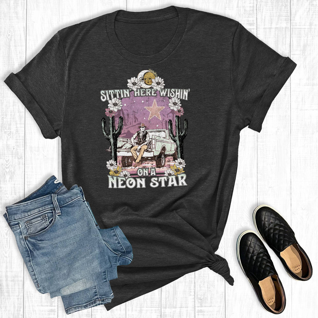 Western Sitting Here Wishing On A Neon Star Graphic - Adult & Kids T-Shirts, Sweatshirts & Hoodies apparel design preview 1