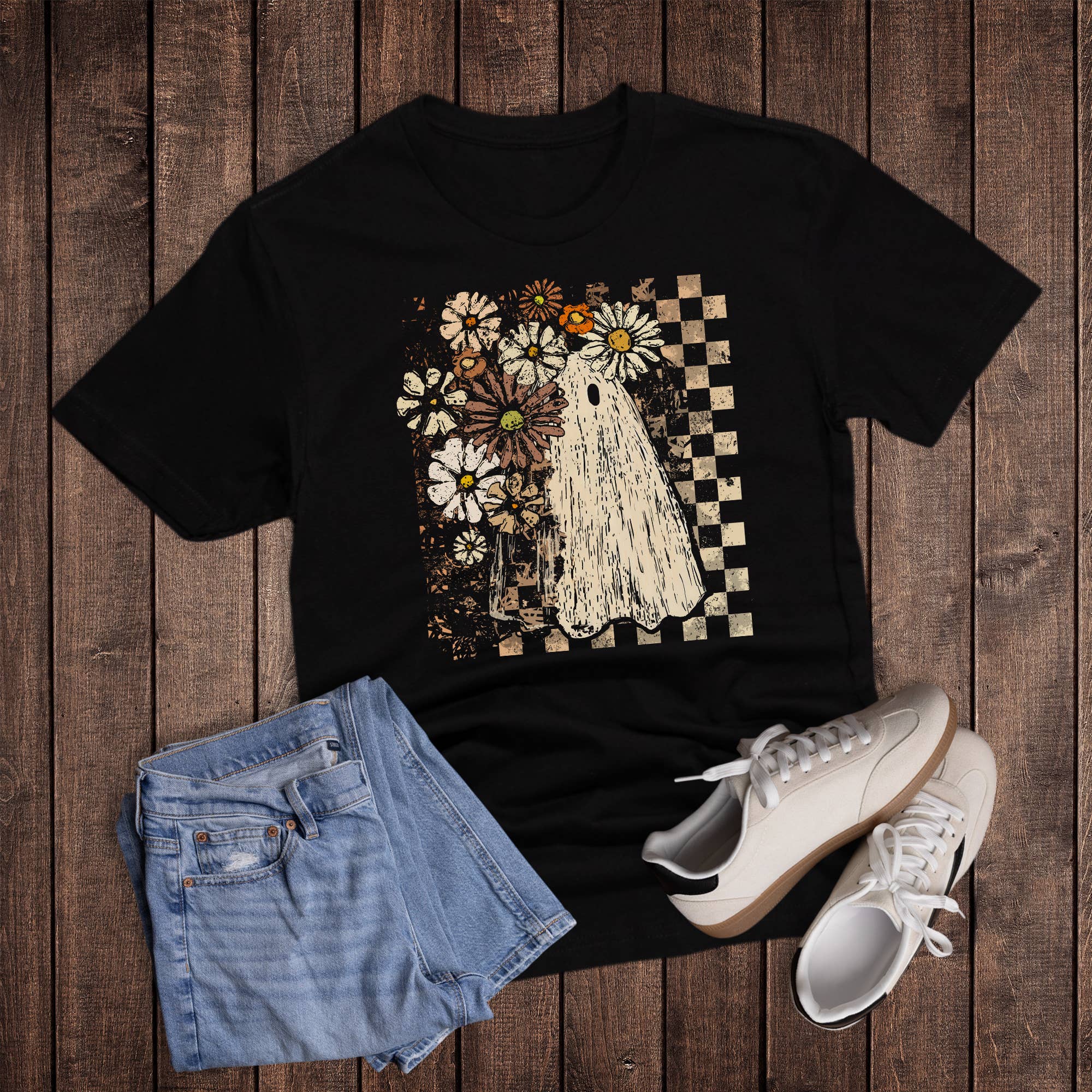 Halloween Boho Checkered Ghost Graphic - Adult & Kids T-Shirts, Sweatshirts & Hoodies apparel design preview 1