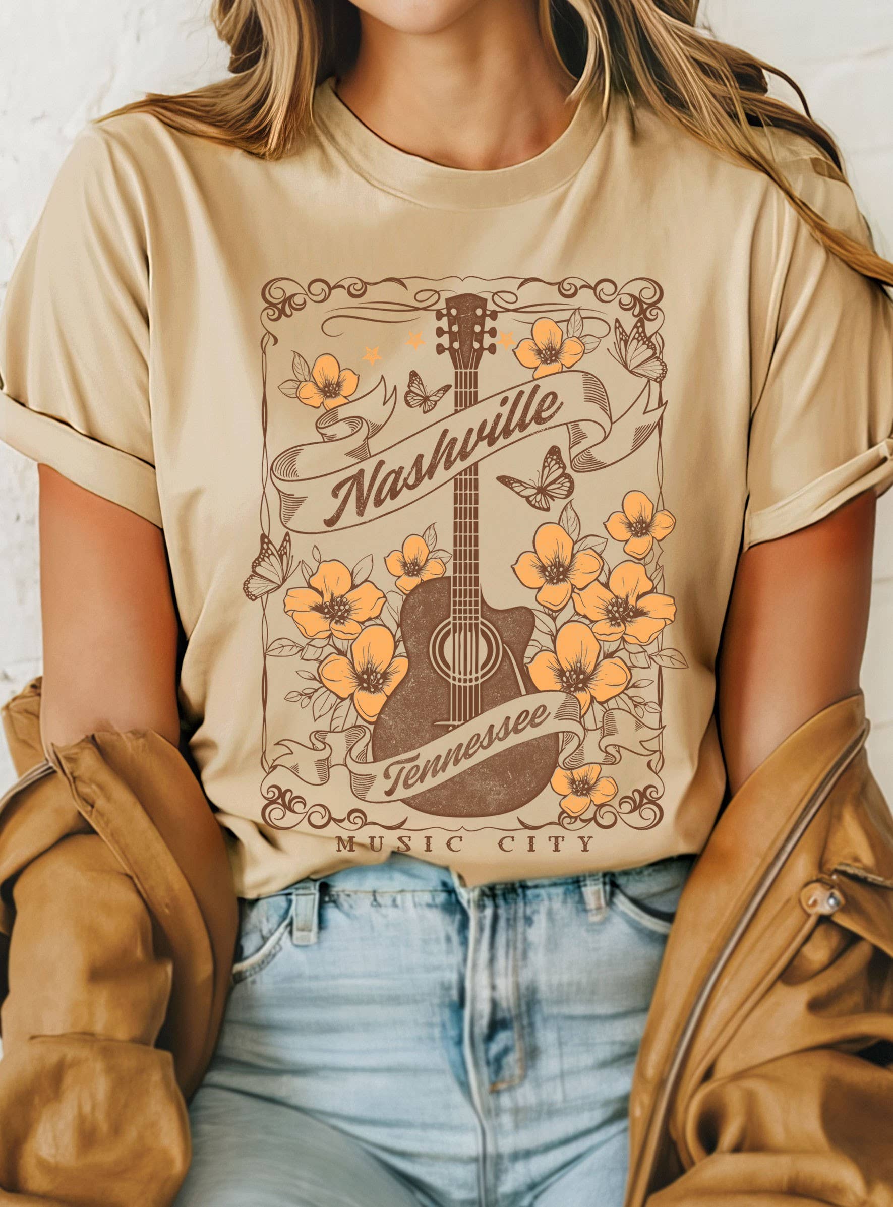 Nashville Flower Guitar Graphic - Adult & Kids T-Shirts, Sweatshirts & Hoodies apparel design preview 1