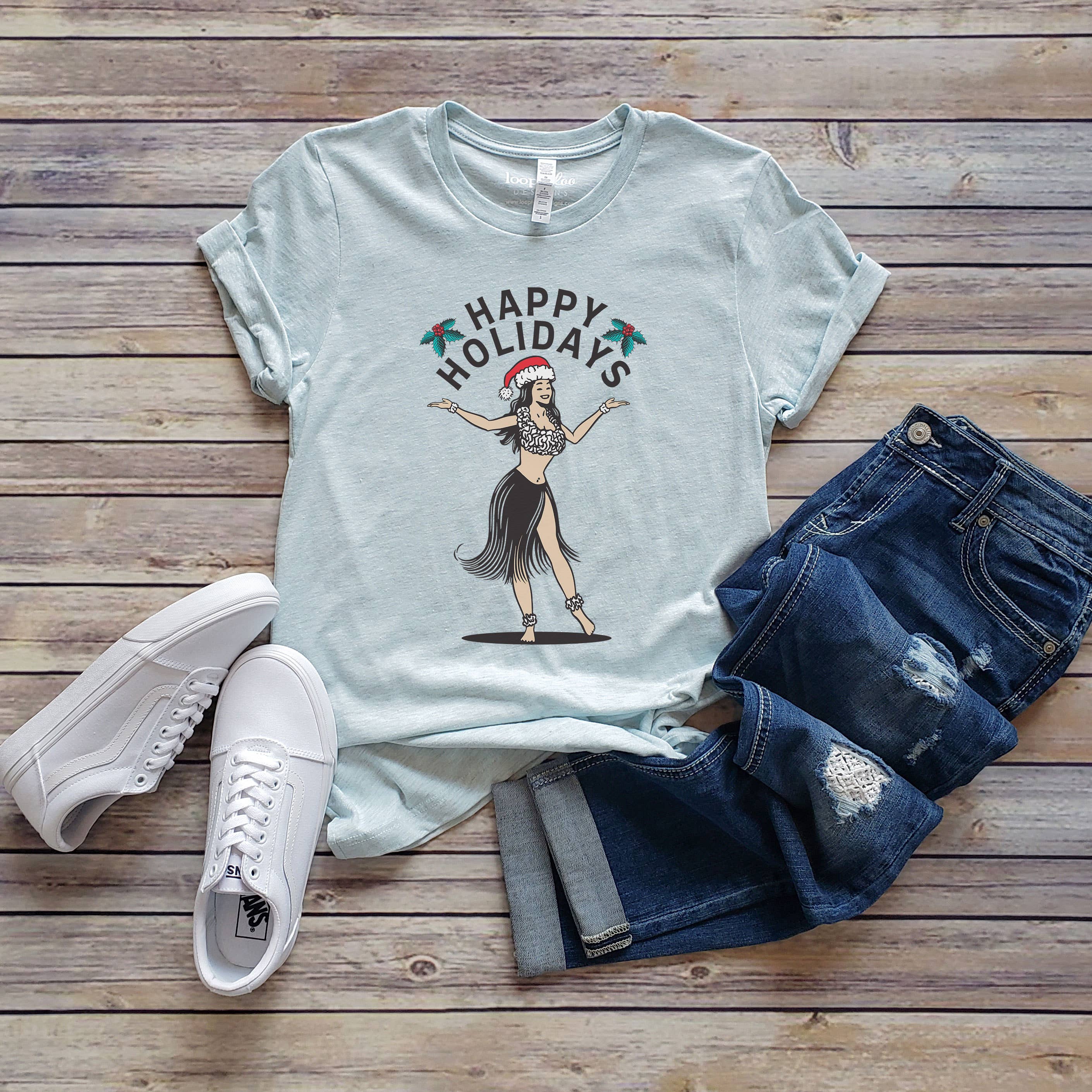 Happy Holidays Hawaiian Dancer Christmas Sizes XS-2X - Adult & Kids T-Shirts, Sweatshirts & Hoodies apparel design preview 1
