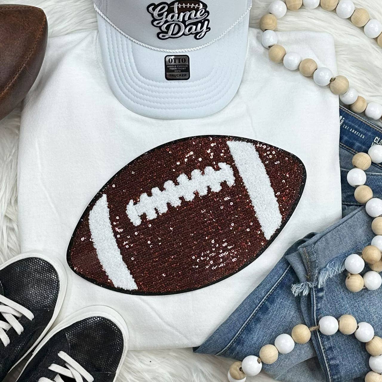 Sequin Football Chenille Patch Crewneck - Adult & Kids T-Shirts, Sweatshirts & Hoodies apparel design preview 1