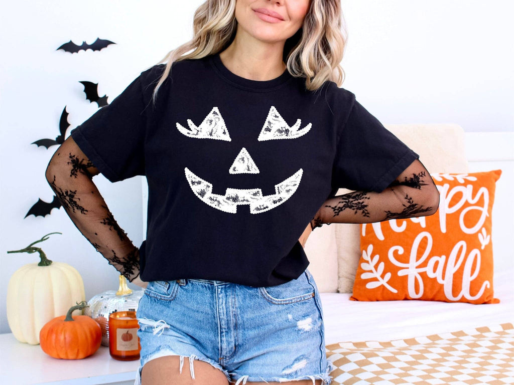 White Lace Pumpkin Face Seasonal Halloween Graphic - Adult & Kids T-Shirts, Sweatshirts & Hoodies apparel design preview 1