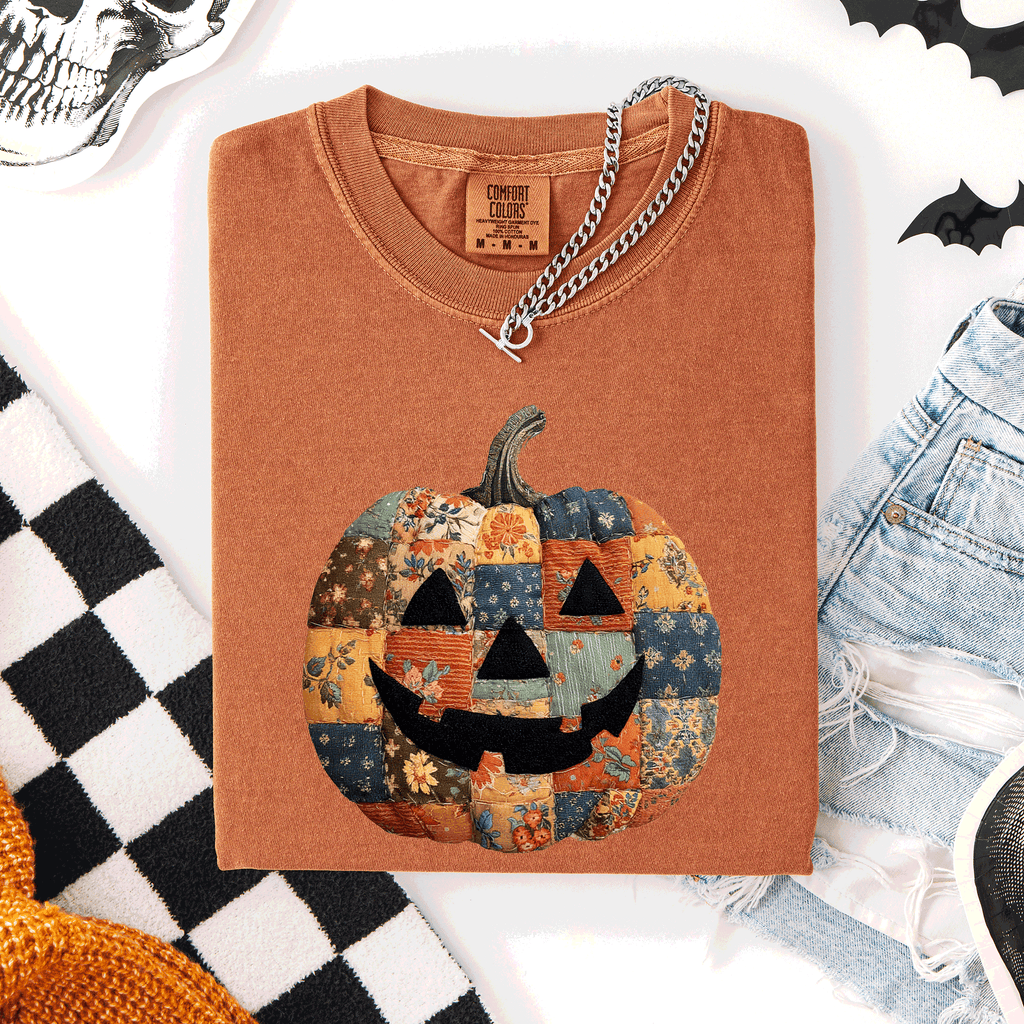 Jack O Lantern, Faux Quilt Pumpkin, Halloween, Fall - Adult & Kids T-Shirts, Sweatshirts & Hoodies apparel design preview 1