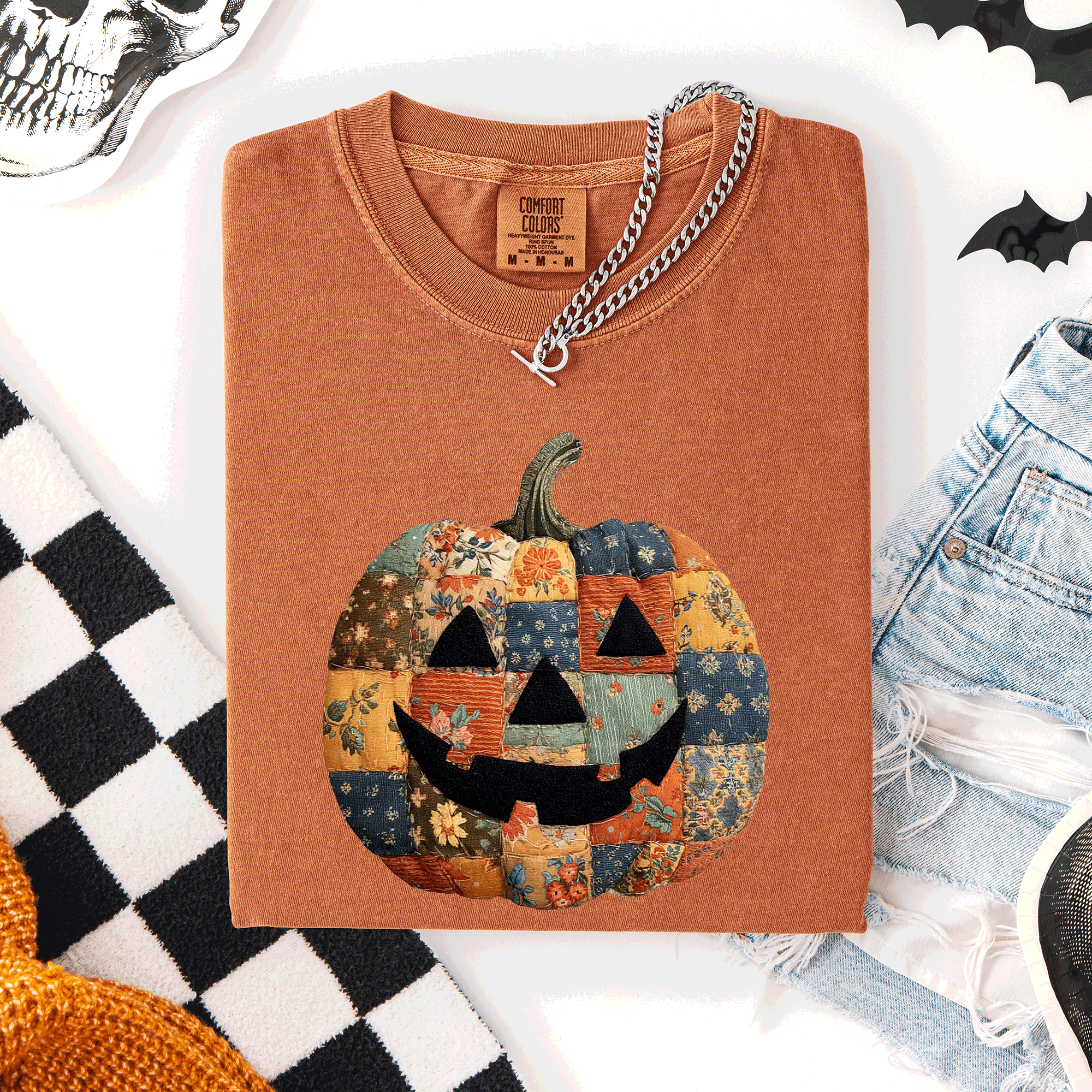Jack O Lantern, Faux Quilt Pumpkin, Halloween, Fall - Adult & Kids T-Shirts, Sweatshirts & Hoodies apparel design preview 1
