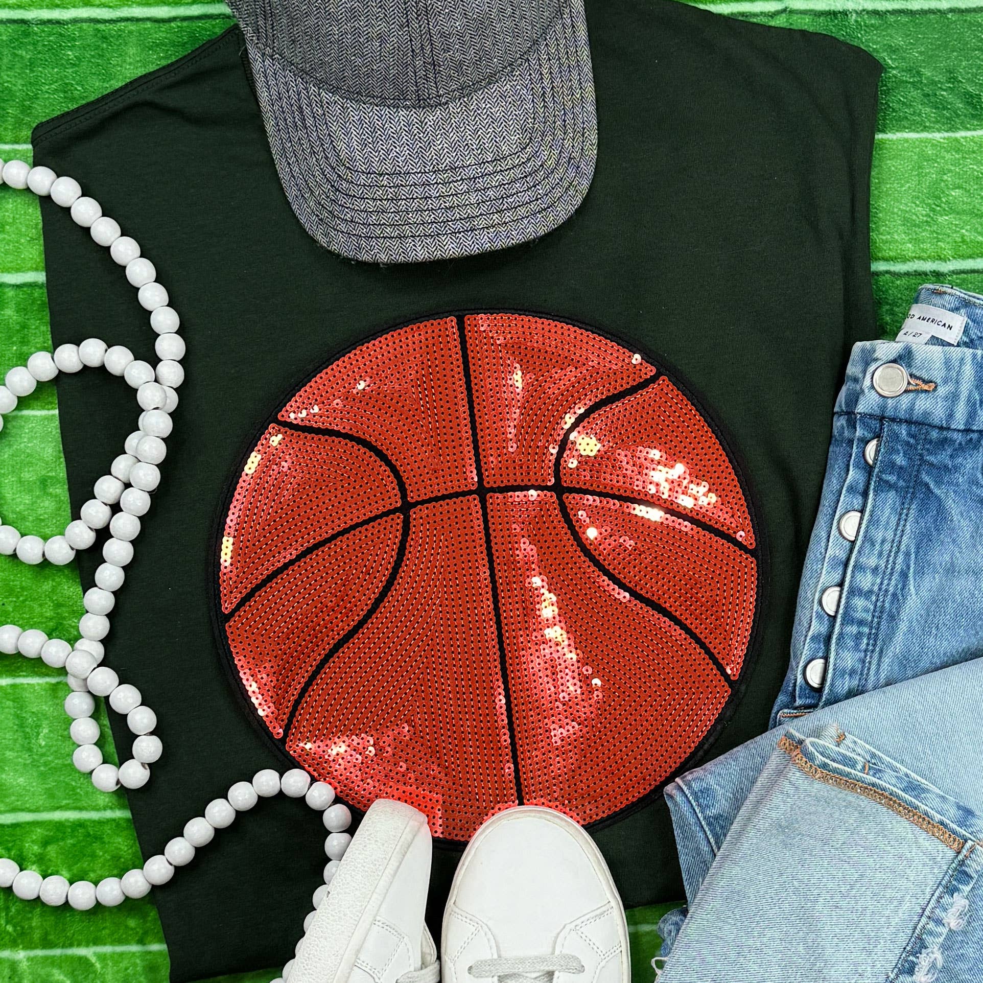 Sequin Basketball Chenille Patch Forest Green - Adult & Kids T-Shirts, Sweatshirts & Hoodies apparel design preview 1