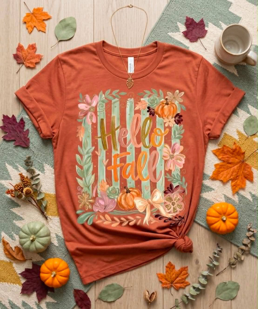 Boho Hello Fall Pumpkin Collage Rust Seasonal Graphic - Adult & Kids T-Shirts, Sweatshirts & Hoodies apparel design preview 1