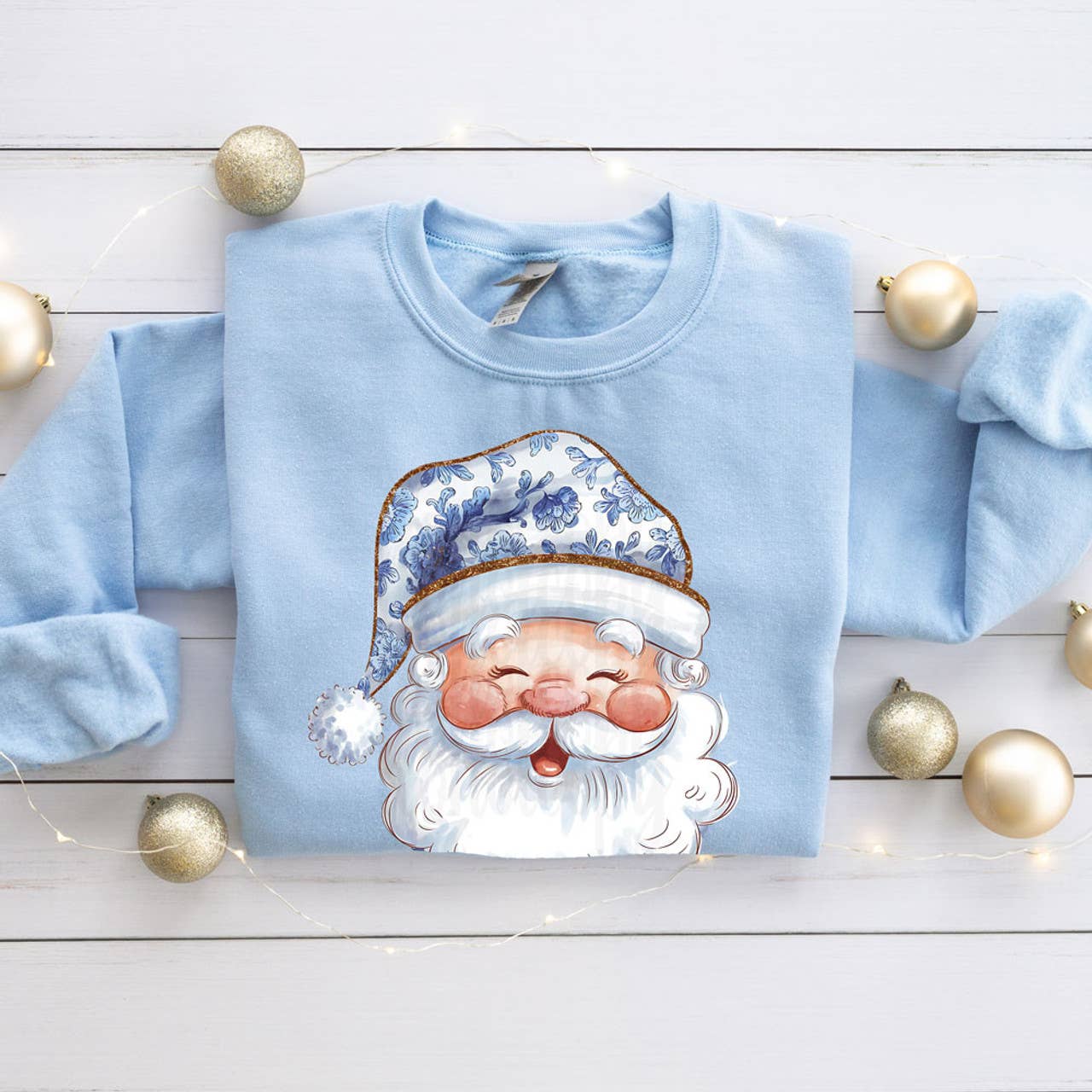 Blue Floral Santa Faux Glitter - Adult & Kids T-Shirts, Sweatshirts & Hoodies apparel design preview 1