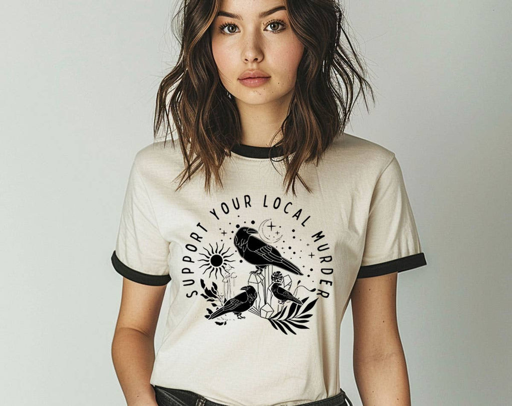 Support Your Local Murder Cute Crow Bird Pun Ringer - Adult & Kids T-Shirts, Sweatshirts & Hoodies apparel design preview 1