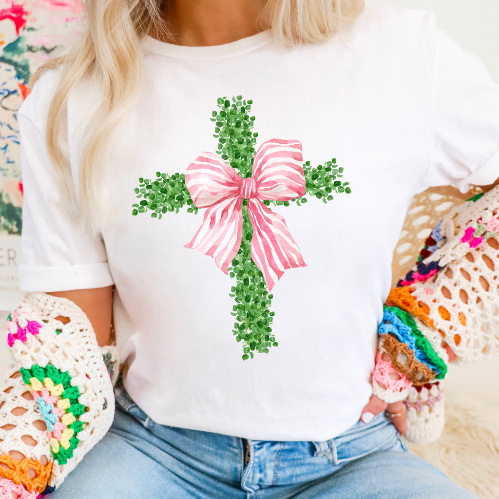 Pink Coquette Bow Cross Easter Graphic Gildan - Adult & Kids T-Shirts, Sweatshirts & Hoodies apparel design preview 1