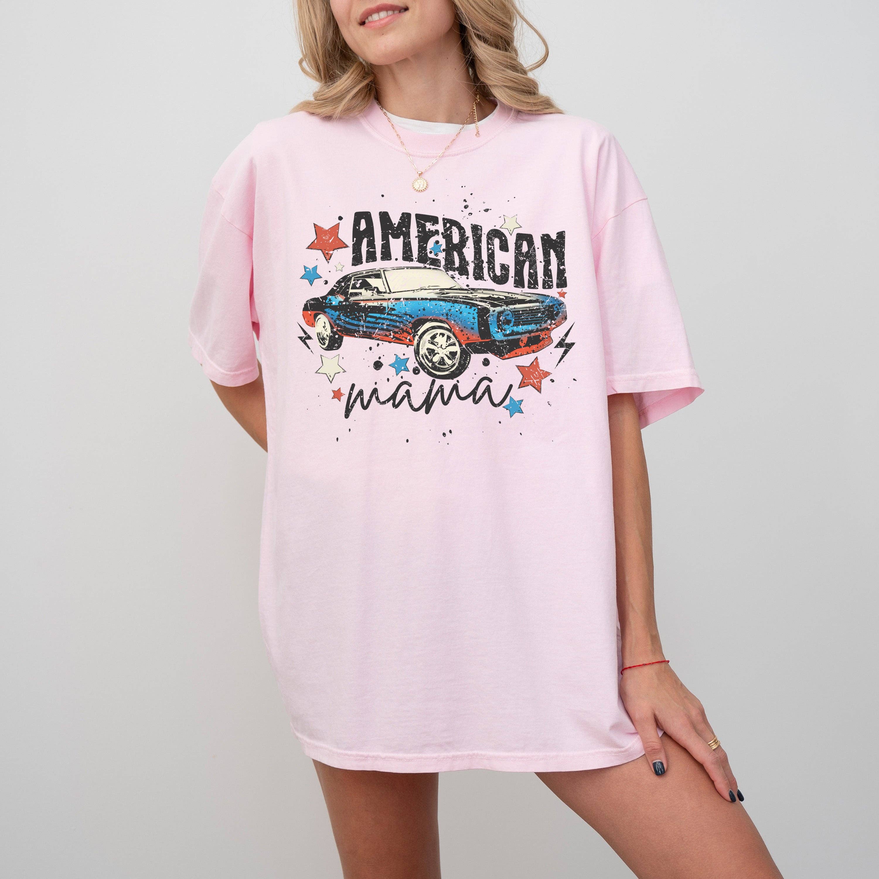 American Mama Retro Muscle Car Music Patriotic - Adult & Kids T-Shirts, Sweatshirts & Hoodies apparel design preview 1