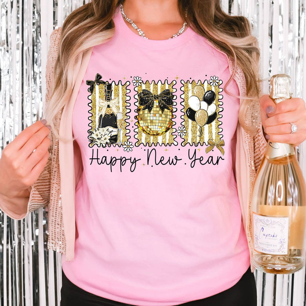 Faux Gold Glitter Happy New Year Coquette - Adult & Kids T-Shirts, Sweatshirts & Hoodies apparel design preview 1