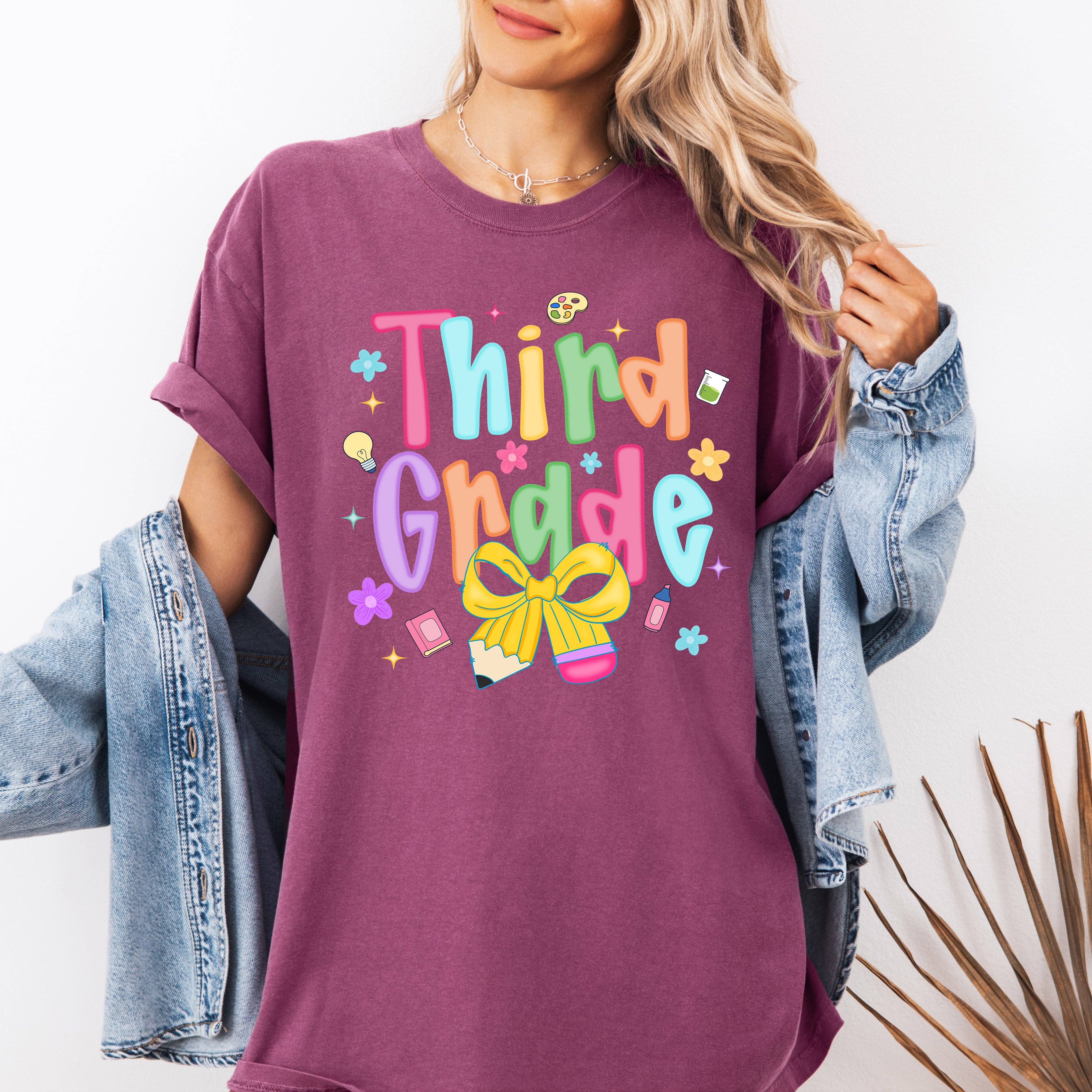 Third Grade, Teacher, Back To School, Neon, Bow - Adult & Kids T-Shirts, Sweatshirts & Hoodies apparel design preview 1