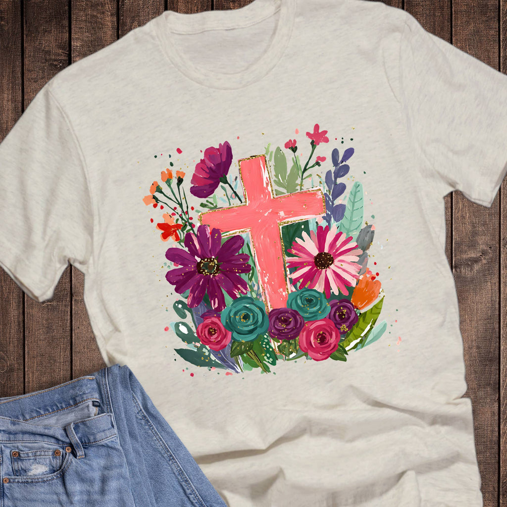Faith Boho Cross with Various Flowers Graphic - Adult & Kids T-Shirts, Sweatshirts & Hoodies apparel design preview 1