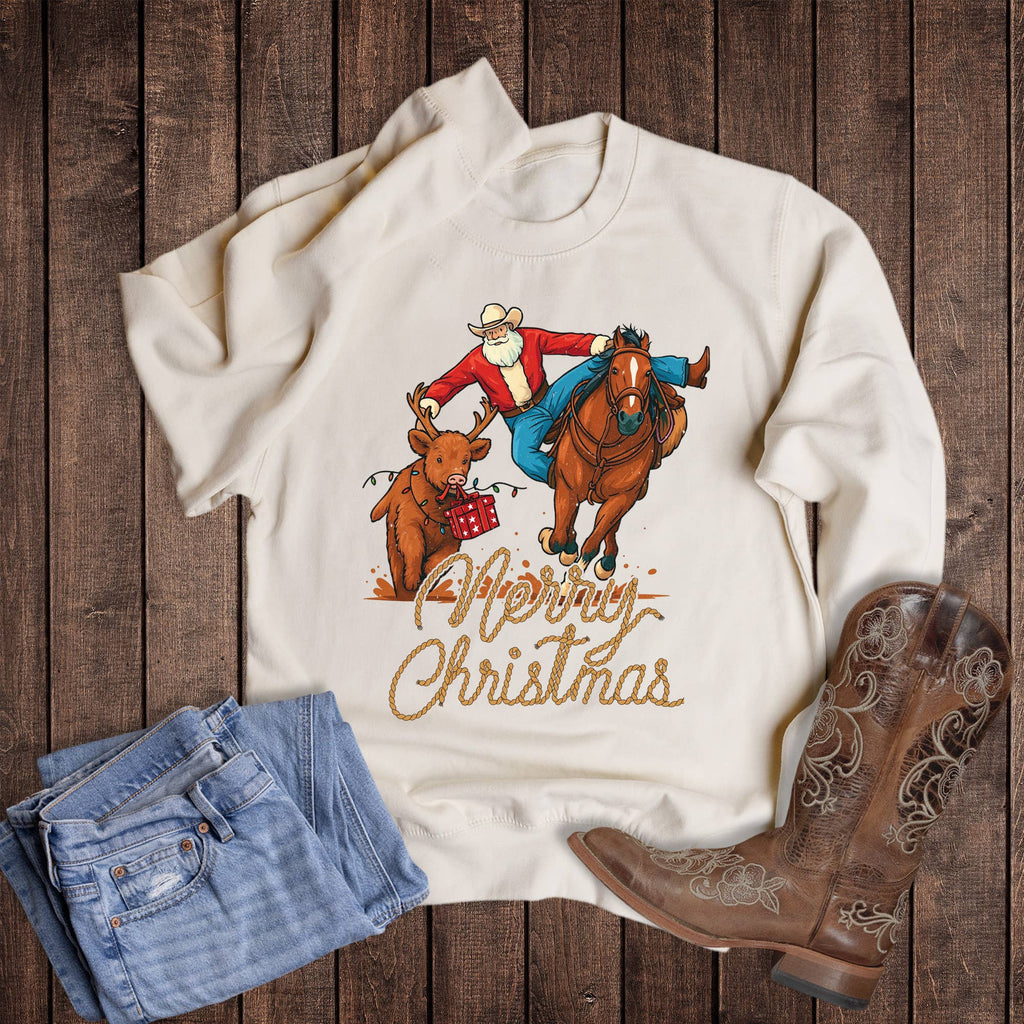 Christmas Western Santa Steer Wrestling - Adult & Kids T-Shirts, Sweatshirts & Hoodies apparel design preview 1
