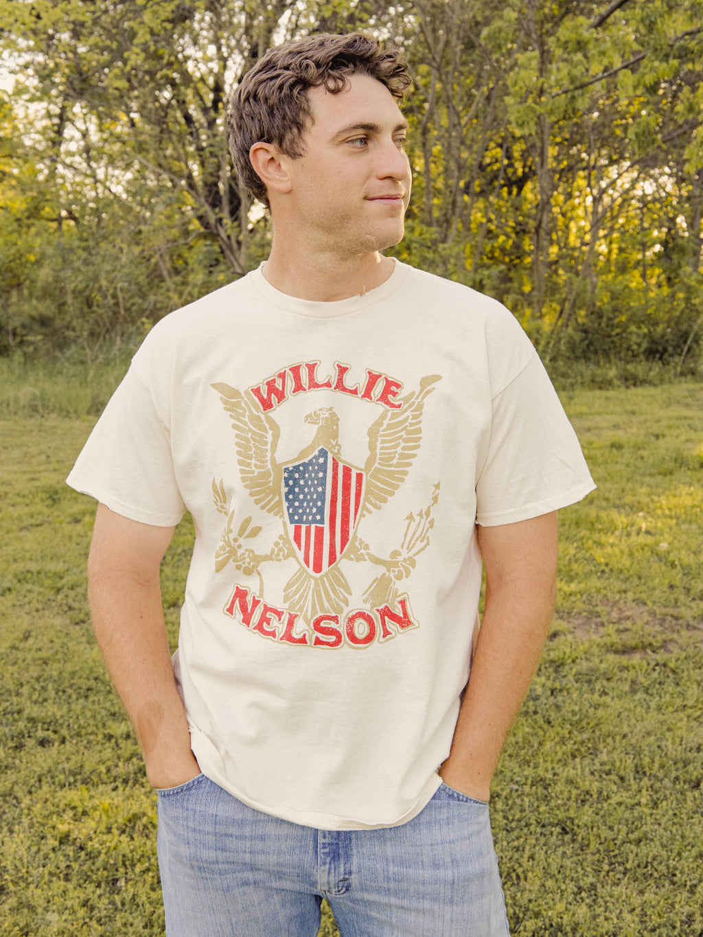 Willie Nelson Eagle Shield Off White Thrifted Graphic - Adult & Kids T-Shirts, Sweatshirts & Hoodies apparel design preview 1