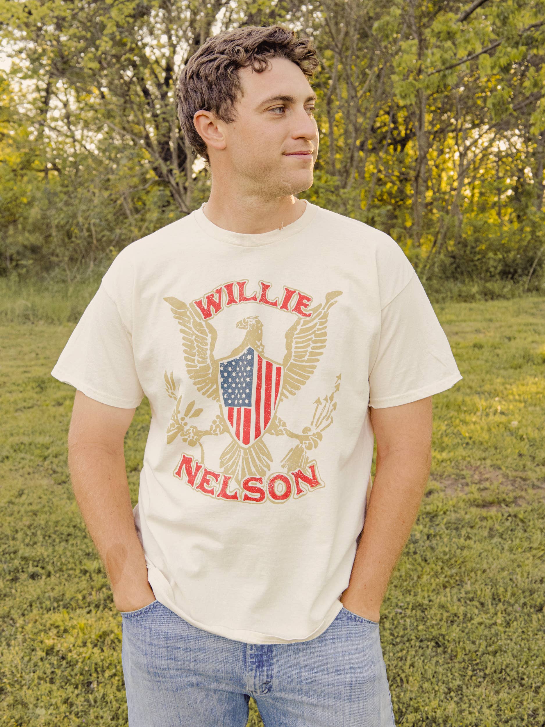 Willie Nelson Eagle Shield Off White Thrifted Graphic - Adult & Kids T-Shirts, Sweatshirts & Hoodies apparel design preview 1