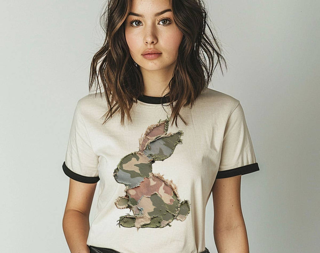 Camo Bunny Patchwork Cute Easter Ringer - Adult & Kids T-Shirts, Sweatshirts & Hoodies apparel design preview 1