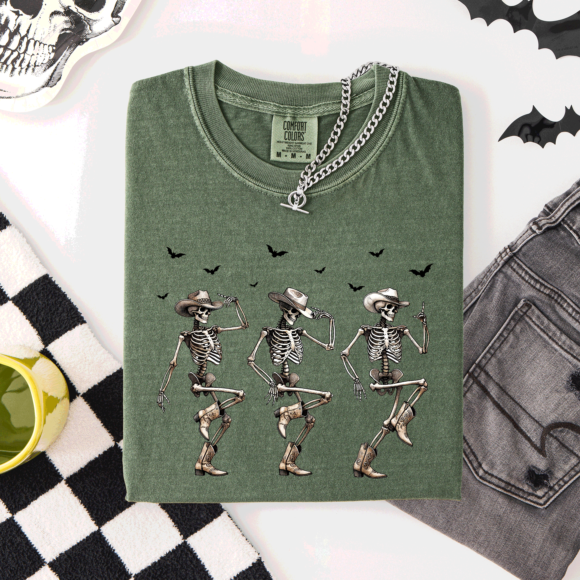Dancing Cowboy Skeletons, Halloween Bats - Adult & Kids T-Shirts, Sweatshirts & Hoodies apparel design preview 1