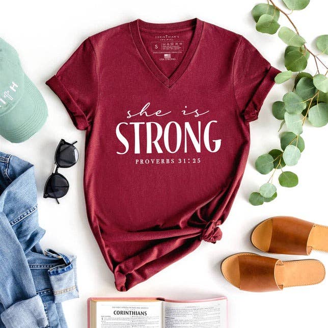She Is Strong V-Neck - Adult & Kids T-Shirts, Sweatshirts & Hoodies apparel design preview 1