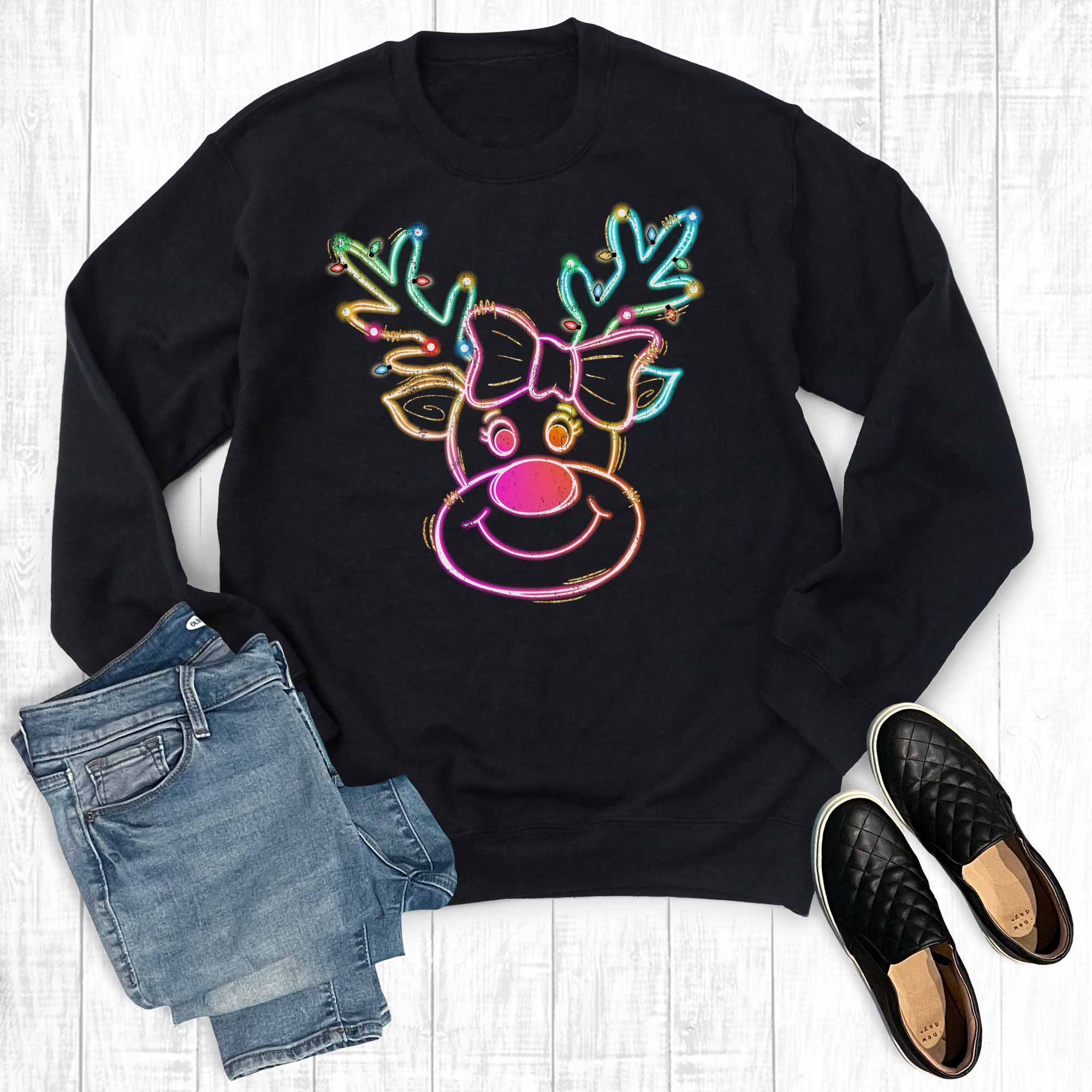 Christmas Coquette Neon Reindeer Graphic - Adult & Kids T-Shirts, Sweatshirts & Hoodies apparel design preview 1