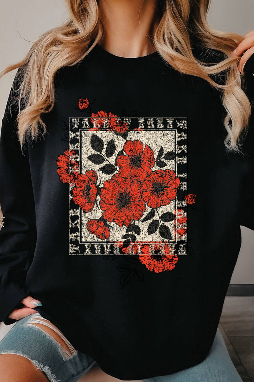 Take It Easy Vintage Flower Graphic Brushed - Adult & Kids T-Shirts, Sweatshirts & Hoodies apparel design preview 1