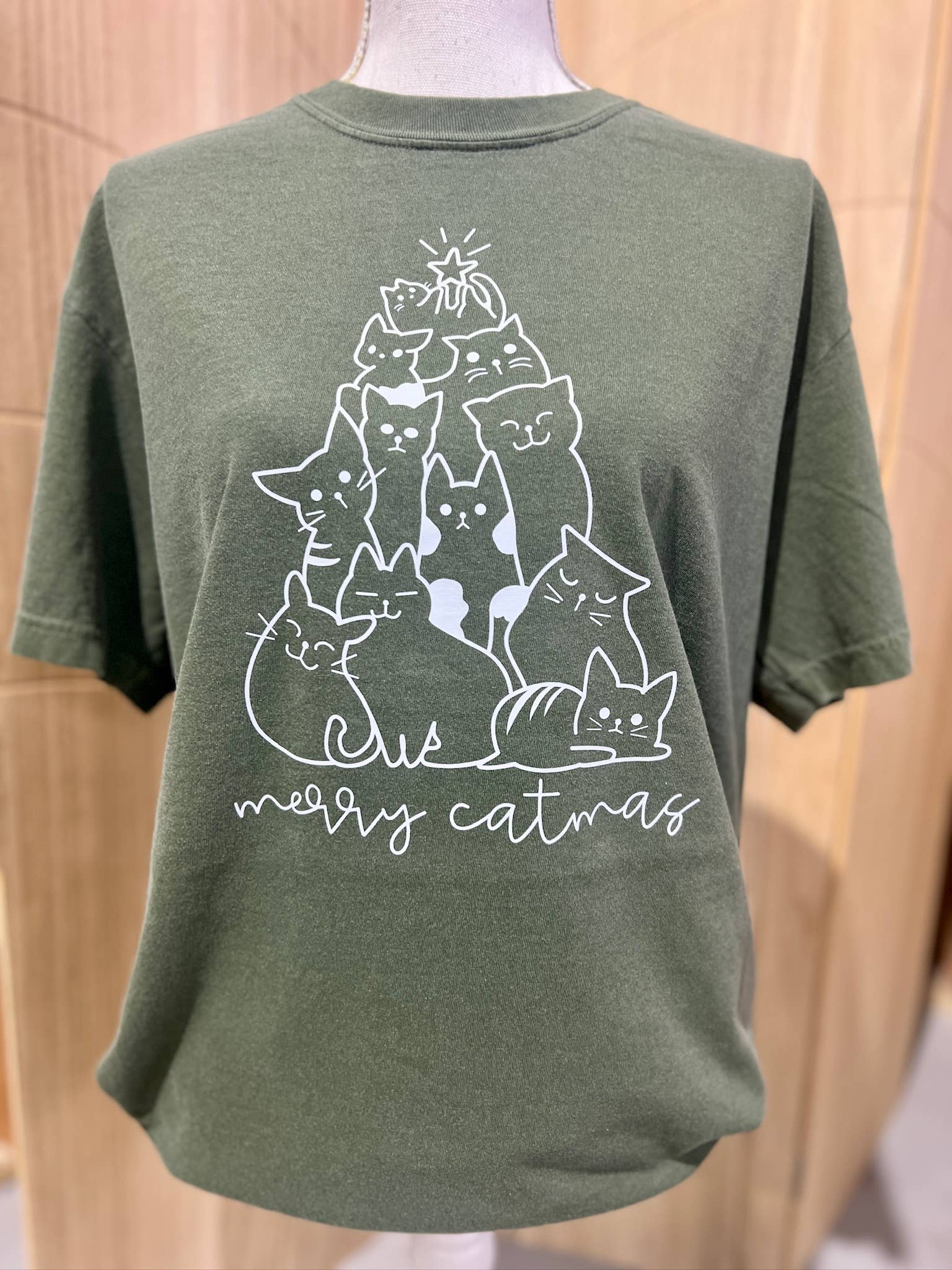 Merry Catmas White Print On Comfort Colors Moss - Adult & Kids T-Shirts, Sweatshirts & Hoodies apparel design preview 1