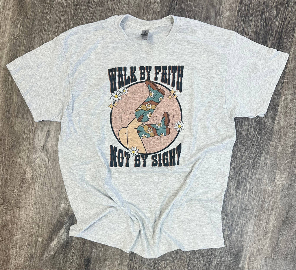 Walk By Faith Not Sight Cowgirl Boots On Ash Gray - Adult & Kids T-Shirts, Sweatshirts & Hoodies apparel design preview 1