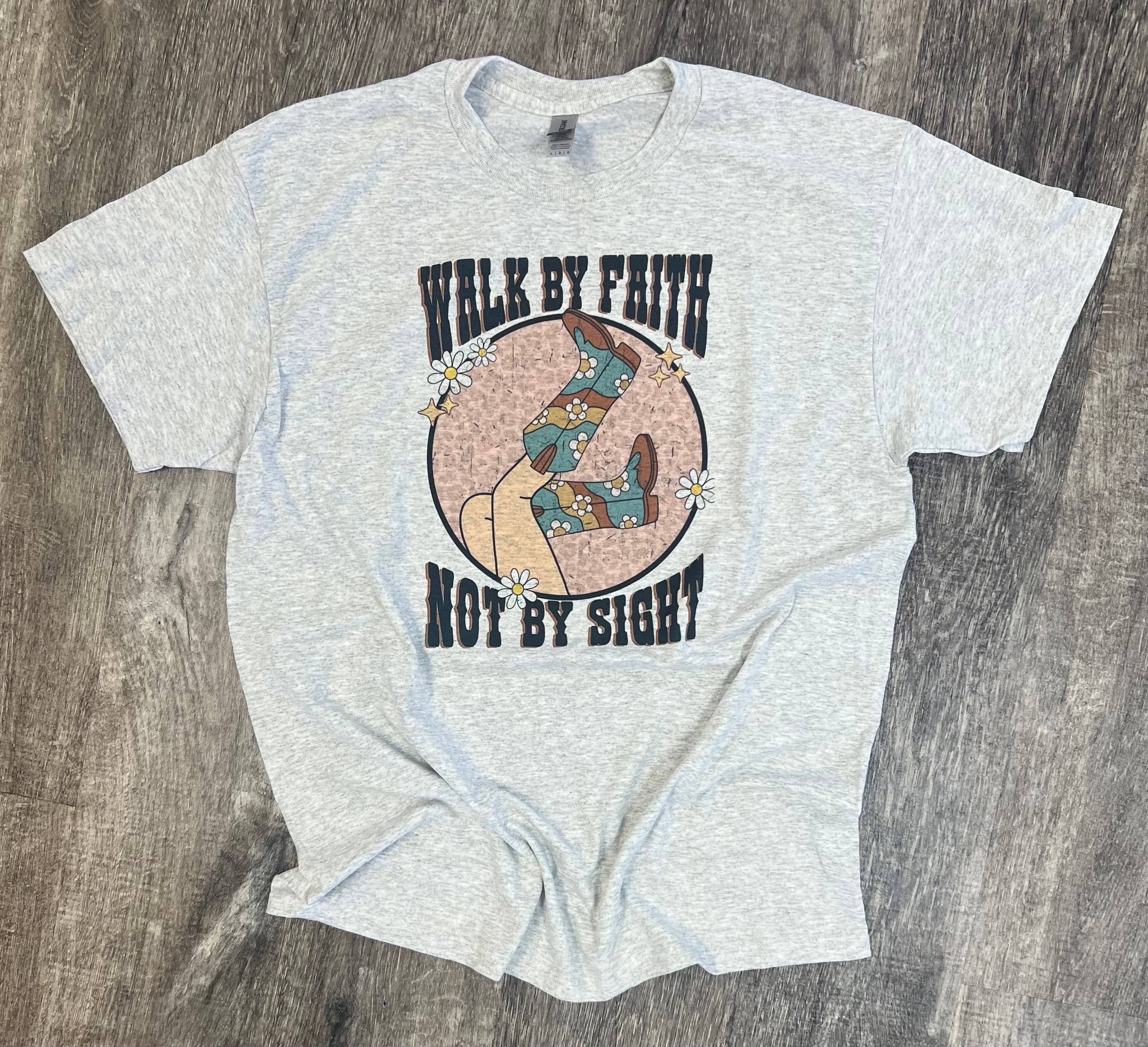 Walk By Faith Not Sight Cowgirl Boots On Ash Gray - Adult & Kids T-Shirts, Sweatshirts & Hoodies apparel design preview 1