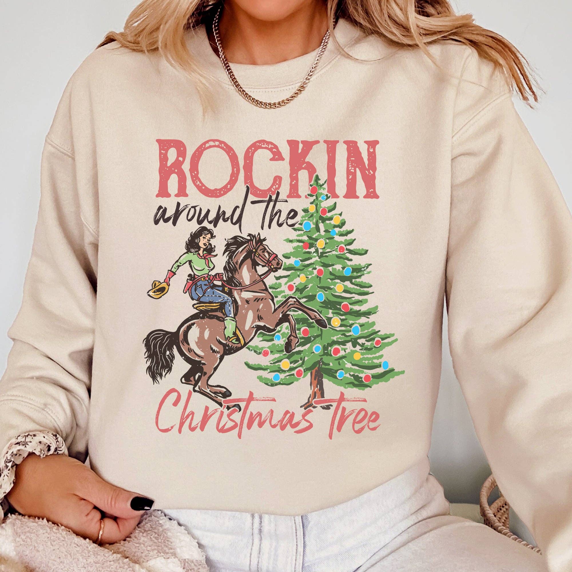 Rockin Around the Christmas Tree Cowgirl, Country - Adult & Kids T-Shirts, Sweatshirts & Hoodies apparel design preview 1