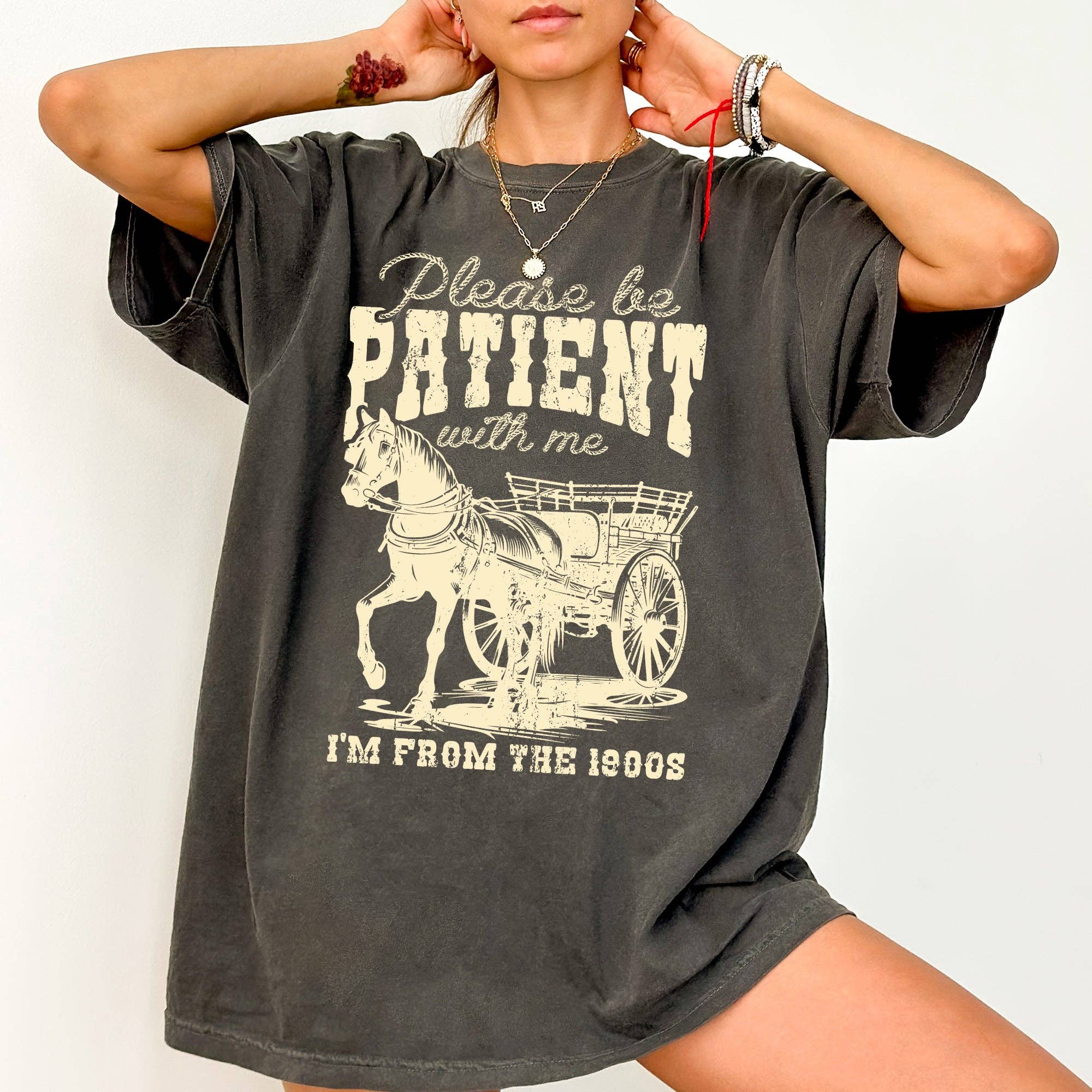 Please Be Patient, 1900s, Horse, Western, Country, - Adult & Kids T-Shirts, Sweatshirts & Hoodies apparel design preview 1