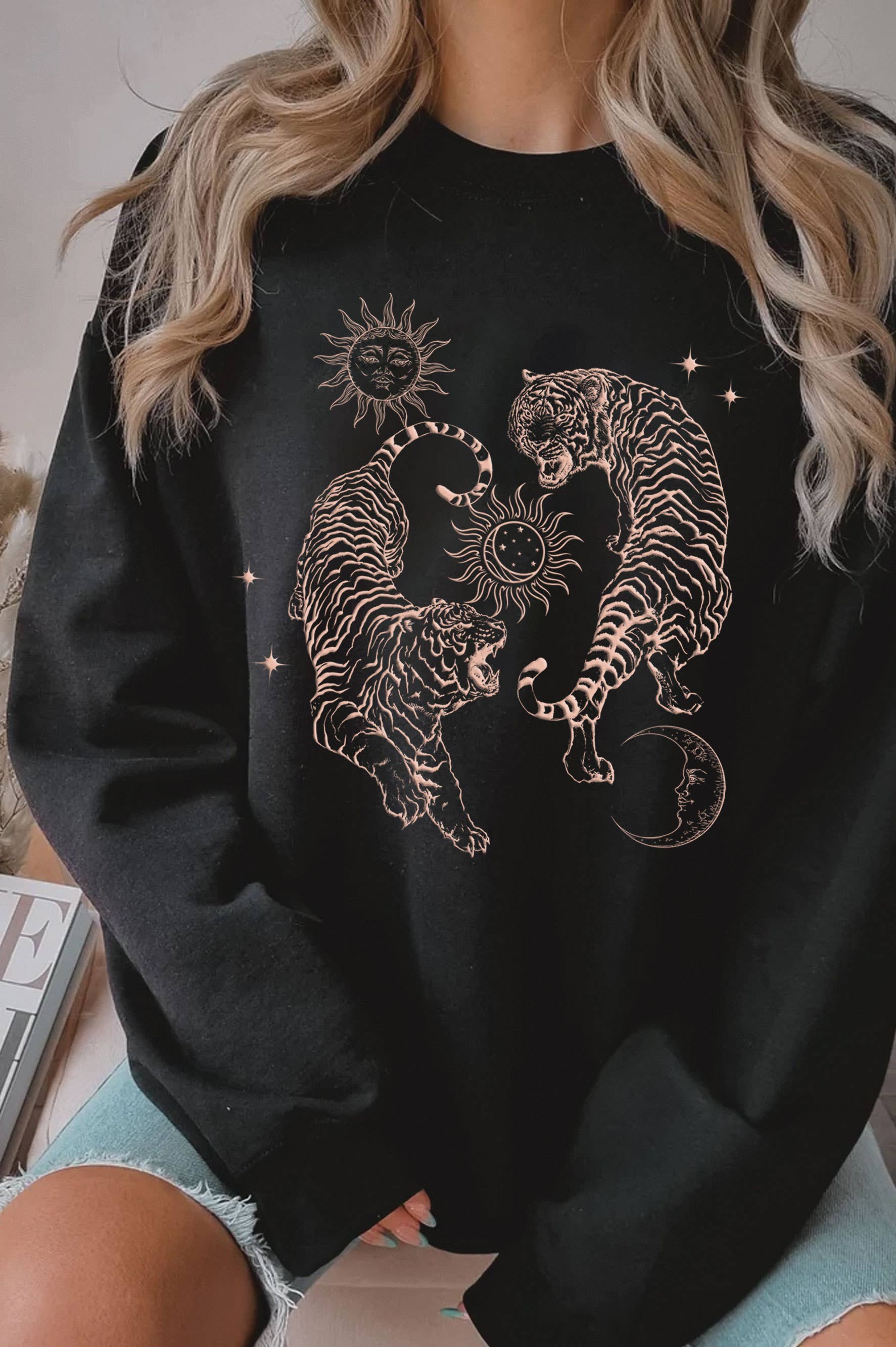Sun and Moon Tiger Graphic Brushed - Adult & Kids T-Shirts, Sweatshirts & Hoodies apparel design preview 1