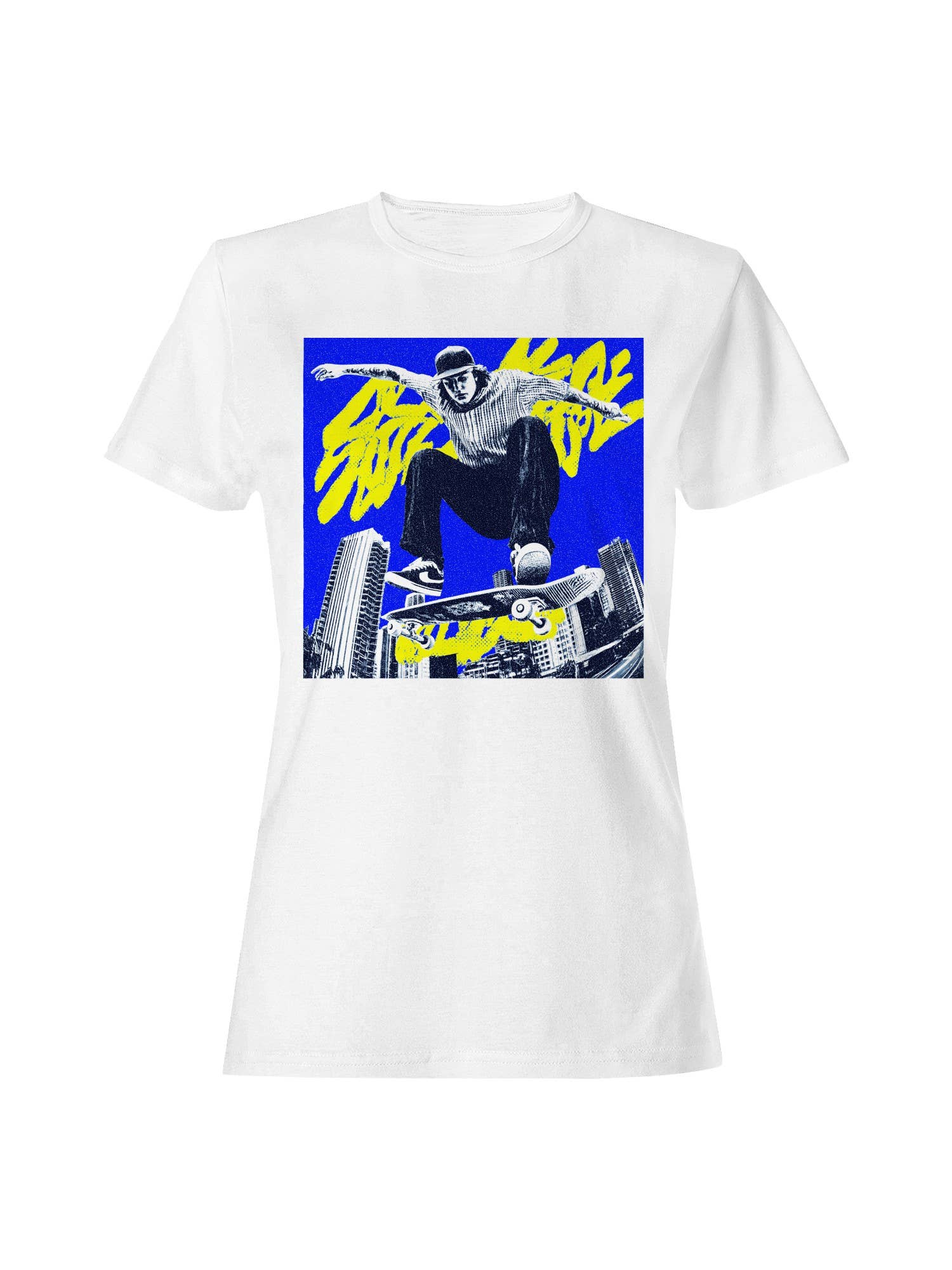 Urban Skater in Vibrant Cityscape Women's - Adult & Kids T-Shirts, Sweatshirts & Hoodies apparel design preview 1