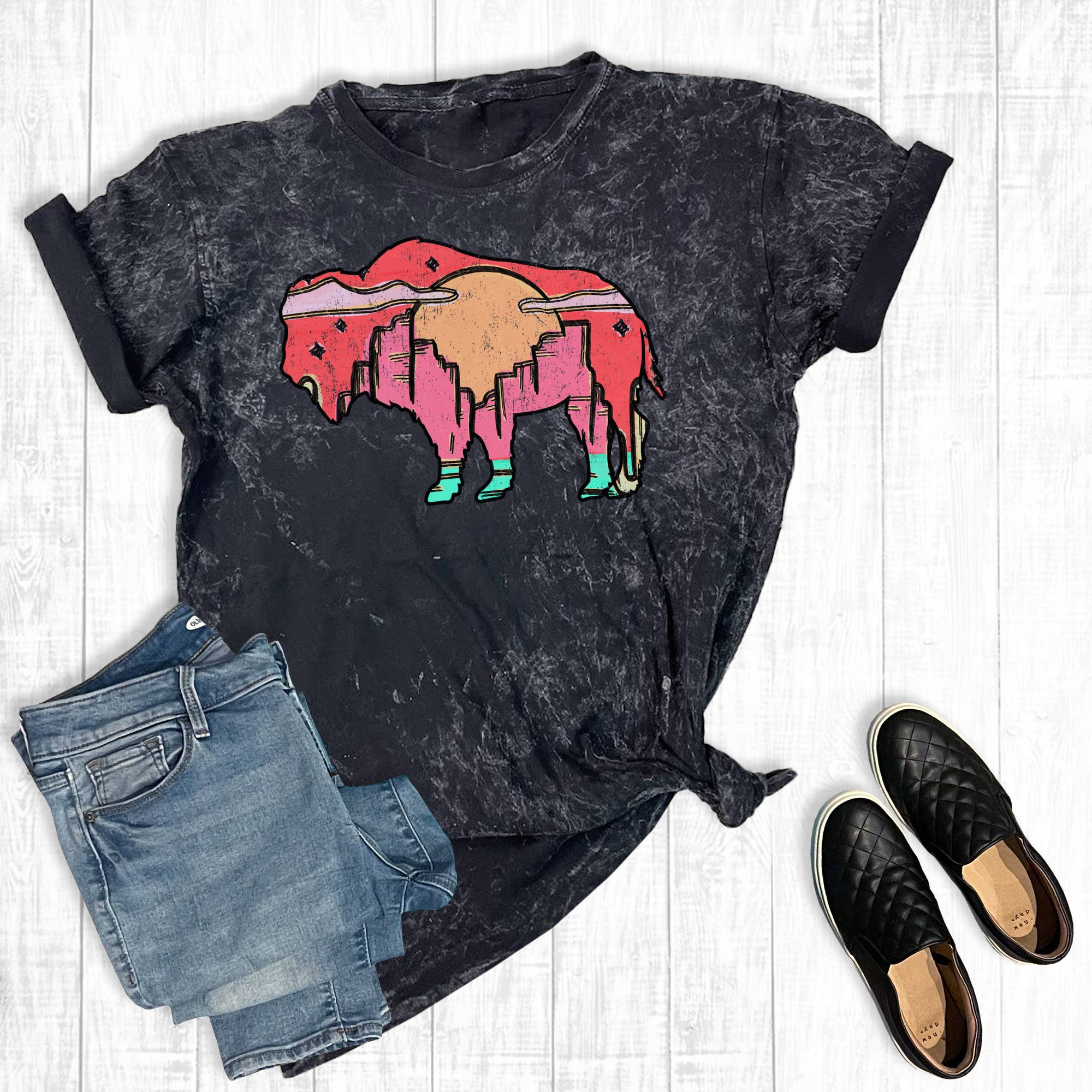 Western Desert Buffalo Mineral Wash Graphic - Adult & Kids T-Shirts, Sweatshirts & Hoodies apparel design preview 1