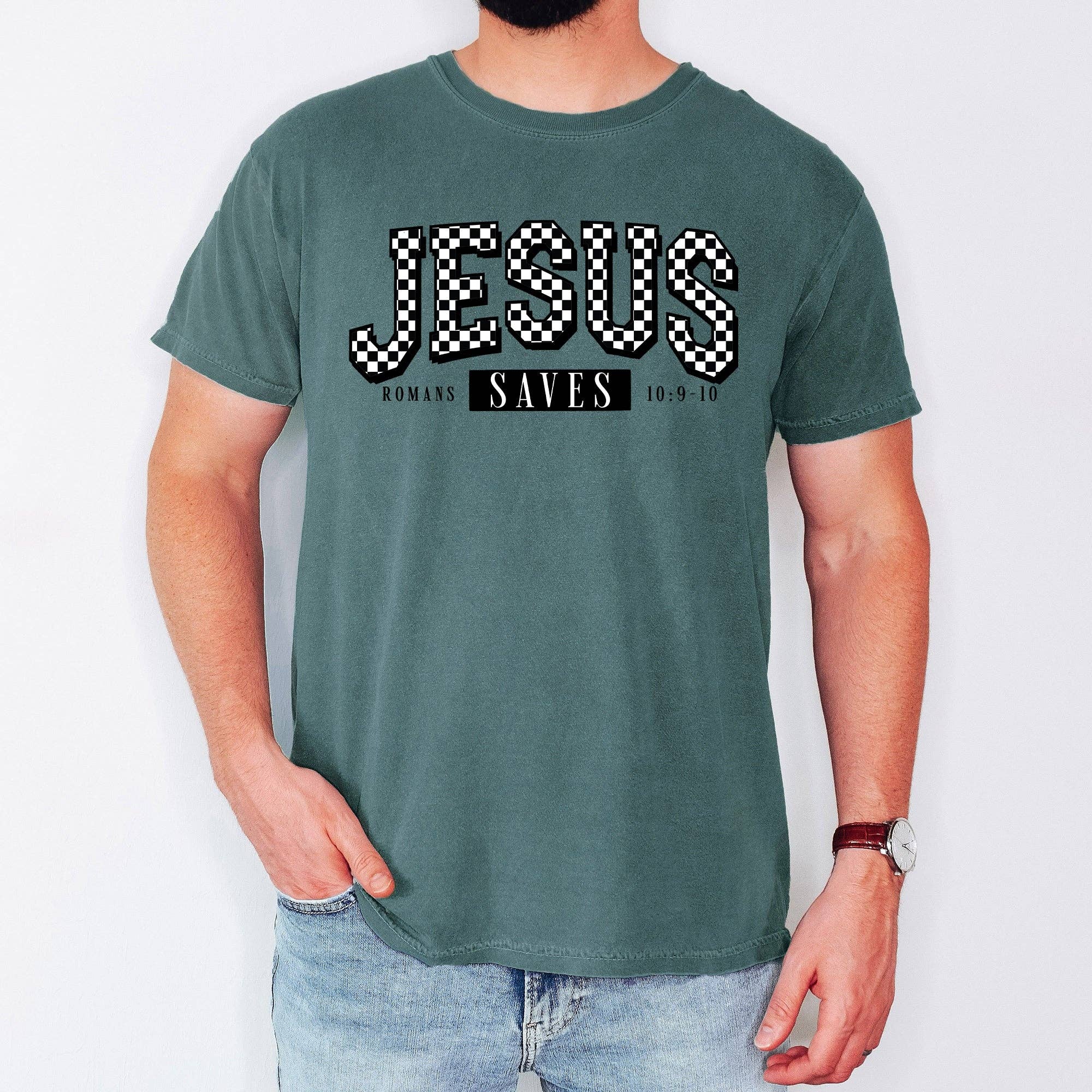 Checkered, Jesus Saves, Christian, Gospel - Adult & Kids T-Shirts, Sweatshirts & Hoodies apparel design preview 1