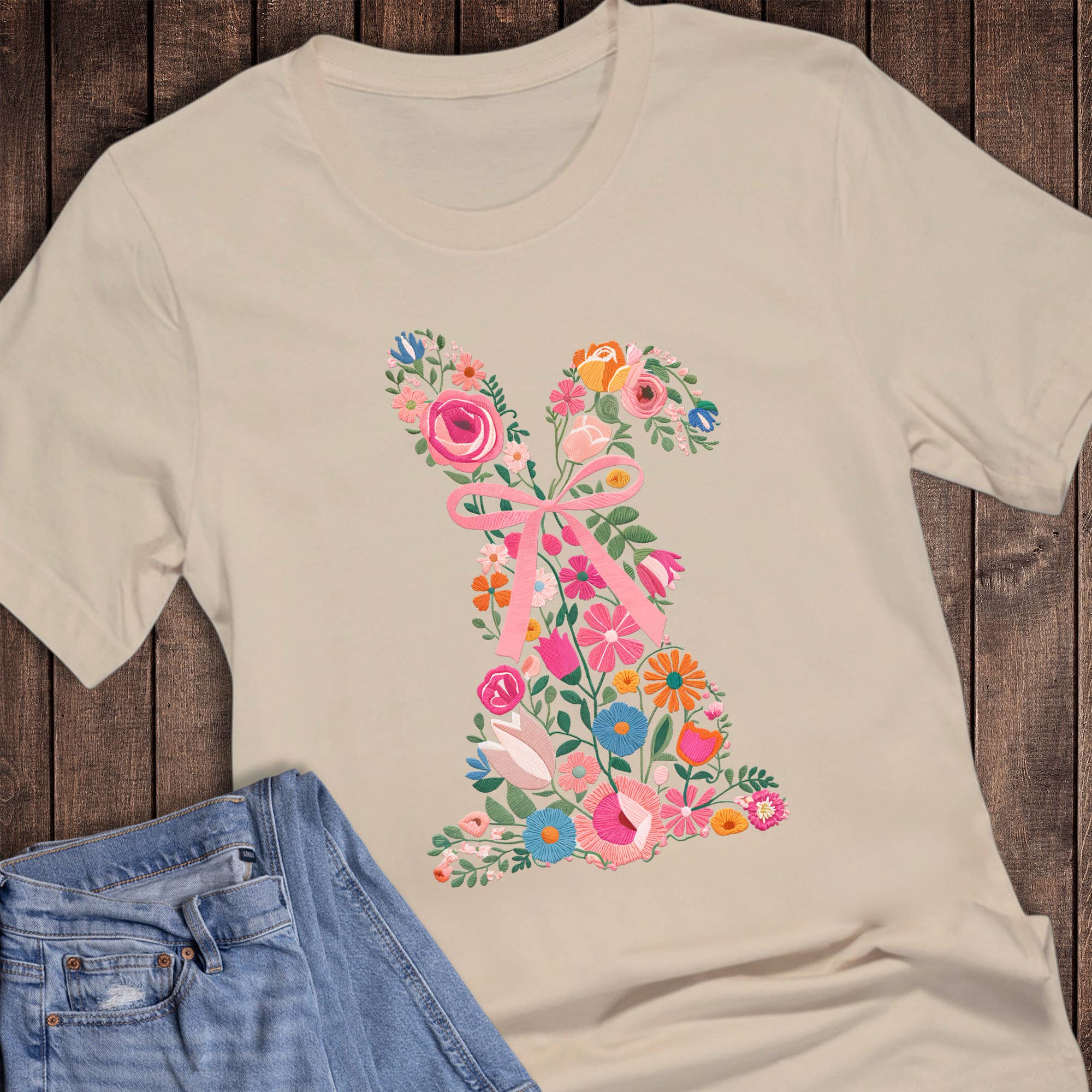 Easter Faux Embroidery Floral Bunny Graphic - Adult & Kids T-Shirts, Sweatshirts & Hoodies apparel design preview 1