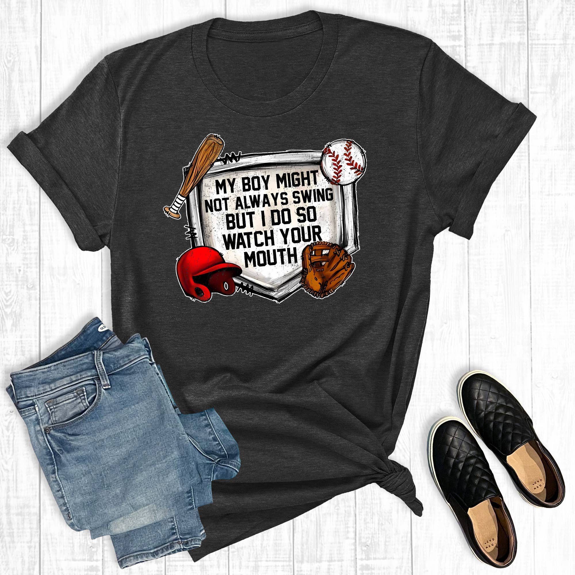 Retro Baseball My Boy May Not Always Swing Graphic - Adult & Kids T-Shirts, Sweatshirts & Hoodies apparel design preview 1