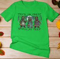Three Little Sasquatches Trick-Or-Treating (Green) - Adult & Kids T-Shirts, Sweatshirts & Hoodies apparel design preview 1