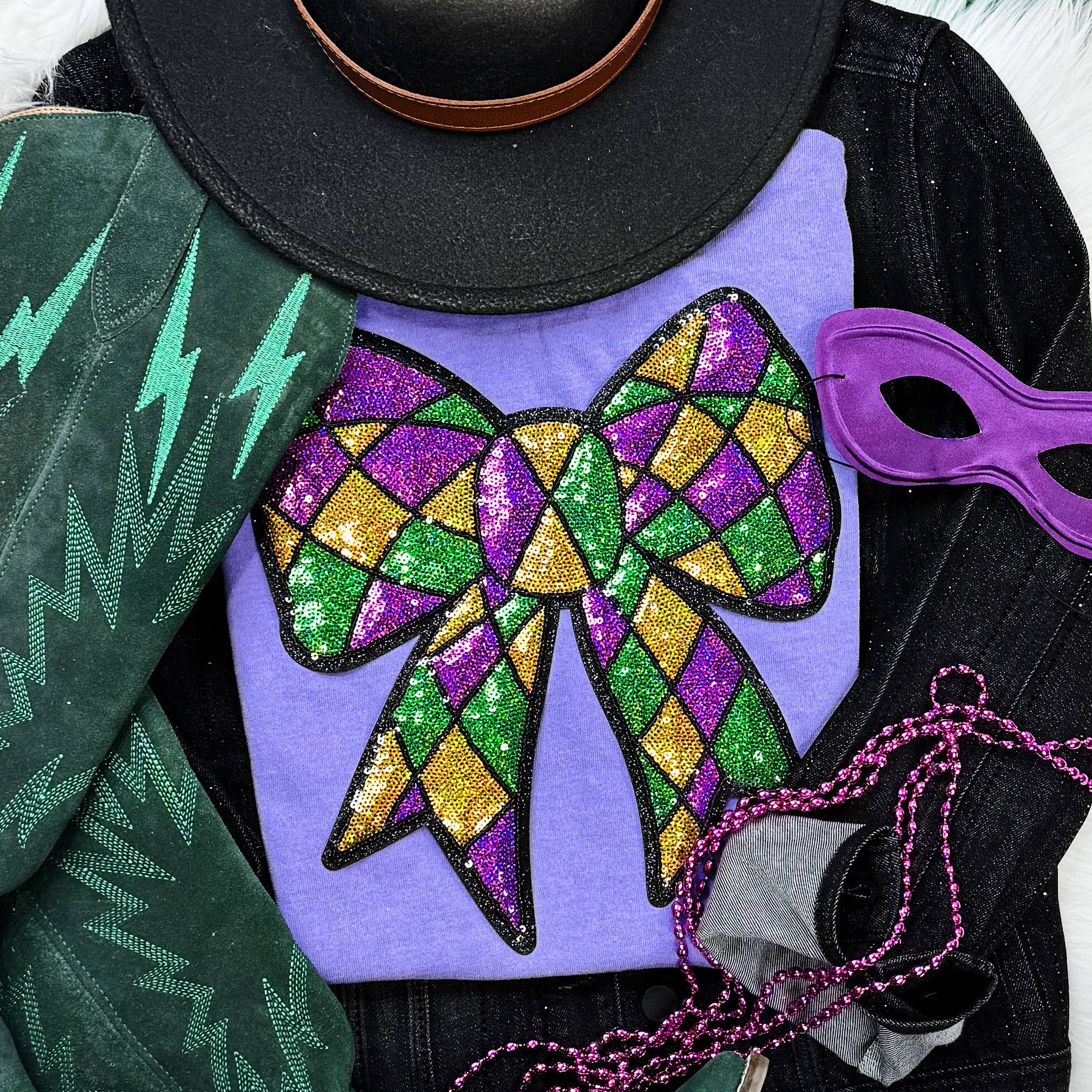Sequin Mardi Gras Bow Violet - Adult & Kids T-Shirts, Sweatshirts & Hoodies apparel design preview 1
