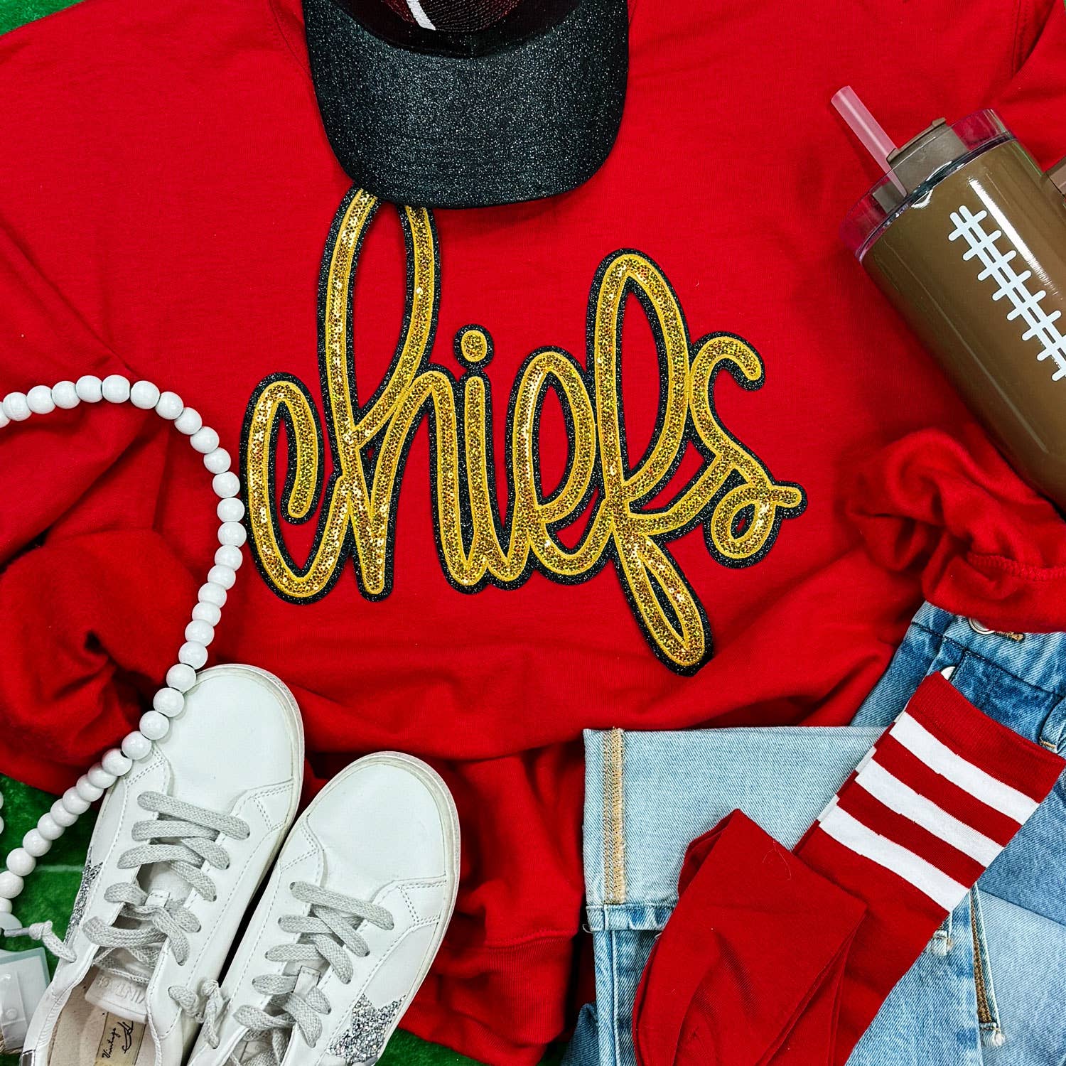 Chiefs Gold Sequin Patch Red Crewneck - Adult & Kids T-Shirts, Sweatshirts & Hoodies apparel design preview 1