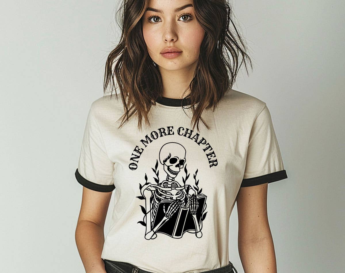 One More Chapter Skeleton Cute Book Ringer - Adult & Kids T-Shirts, Sweatshirts & Hoodies apparel design preview 1