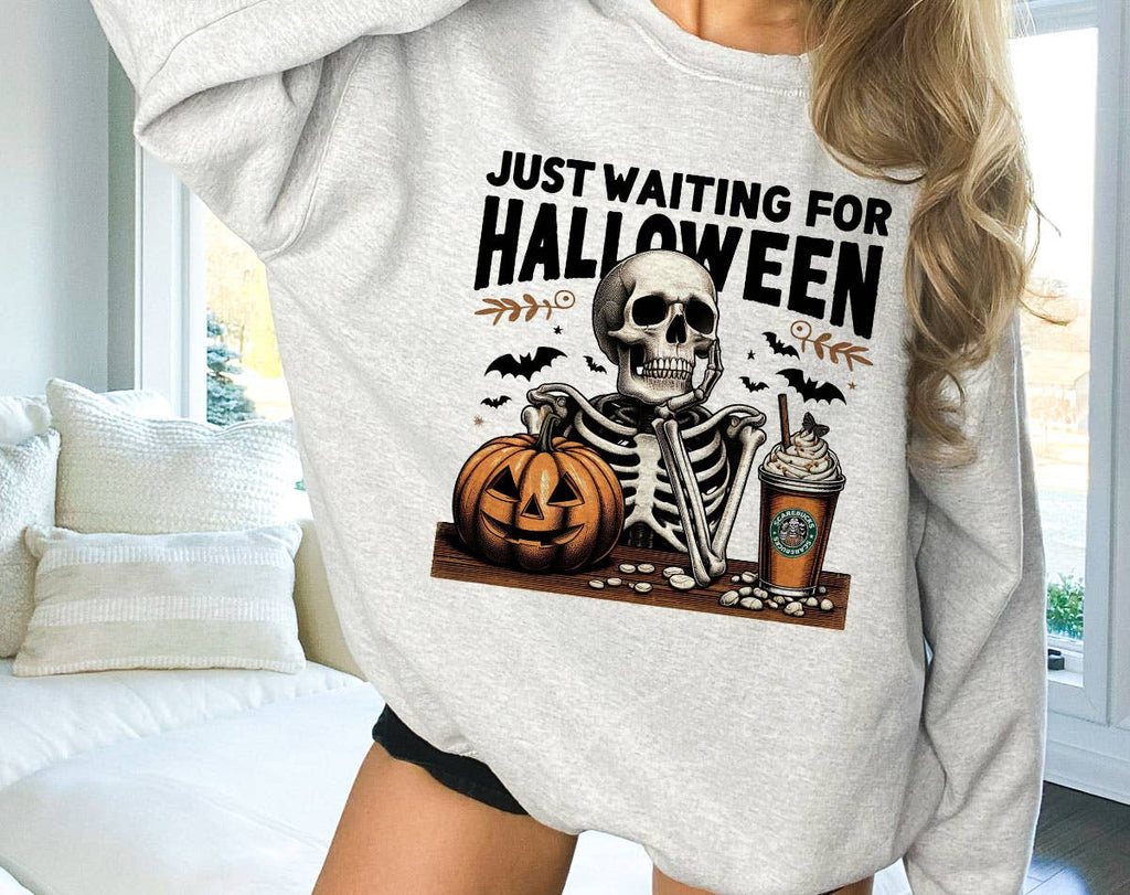 Just Waiting For Halloween Funny Skeleton - Adult & Kids T-Shirts, Sweatshirts & Hoodies apparel design preview 1