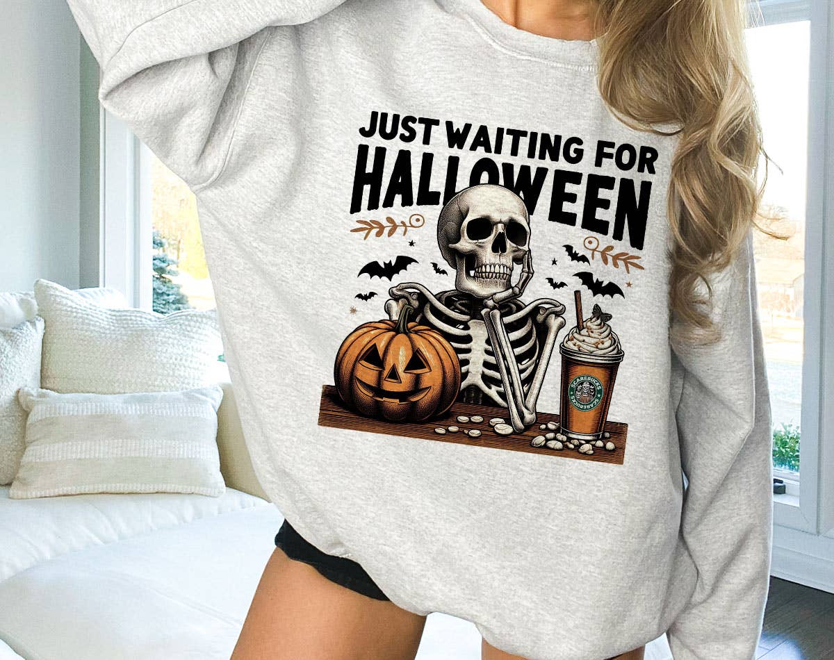 Just Waiting For Halloween Funny Skeleton - Adult & Kids T-Shirts, Sweatshirts & Hoodies apparel design preview 1