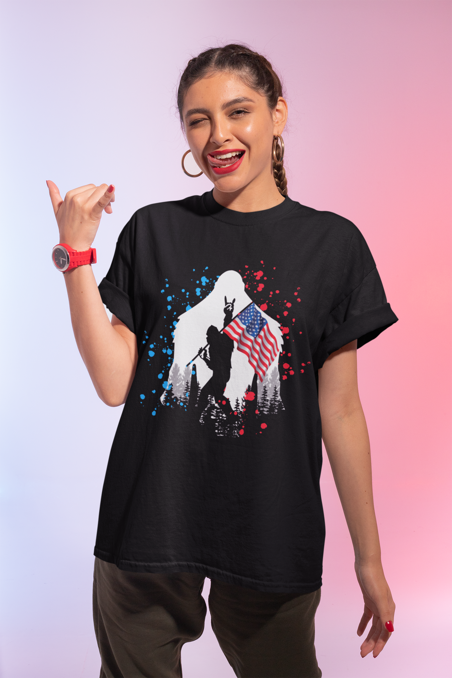 Patriotic July 4th Bigfoot with Splatters (Black) - Adult & Kids T-Shirts, Sweatshirts & Hoodies apparel design preview 1