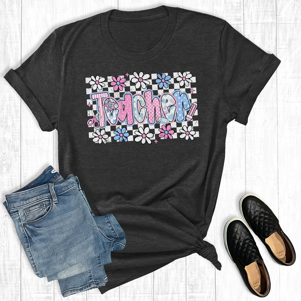 Retro Checkered Floral Teacher Graphic - Adult & Kids T-Shirts, Sweatshirts & Hoodies apparel design preview 1
