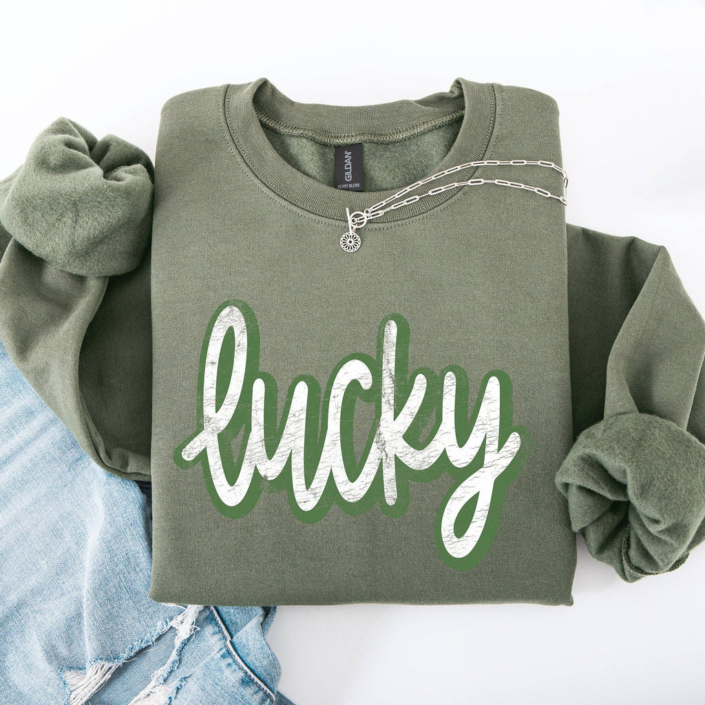 Lucky, Cursive, Vintage St Patrick's Day Shamrock - Adult & Kids T-Shirts, Sweatshirts & Hoodies apparel design preview 1
