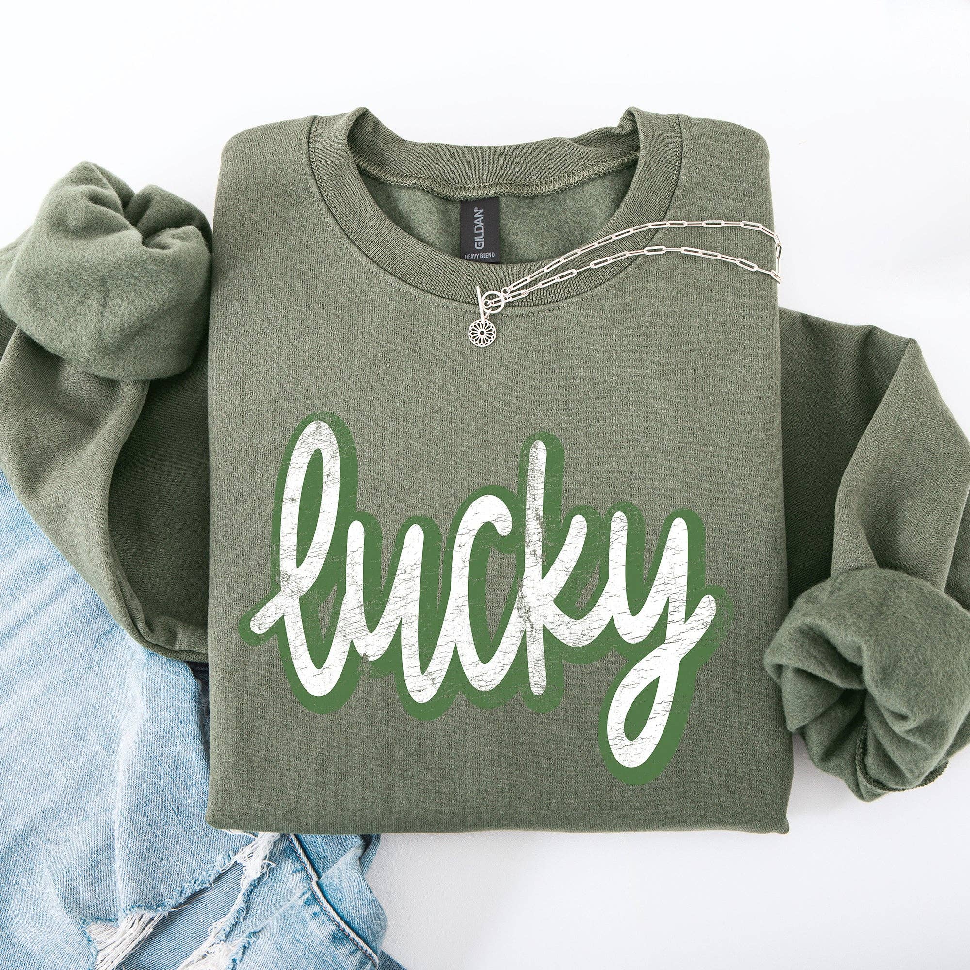 Lucky, Cursive, Vintage St Patrick's Day Shamrock - Adult & Kids T-Shirts, Sweatshirts & Hoodies apparel design preview 1