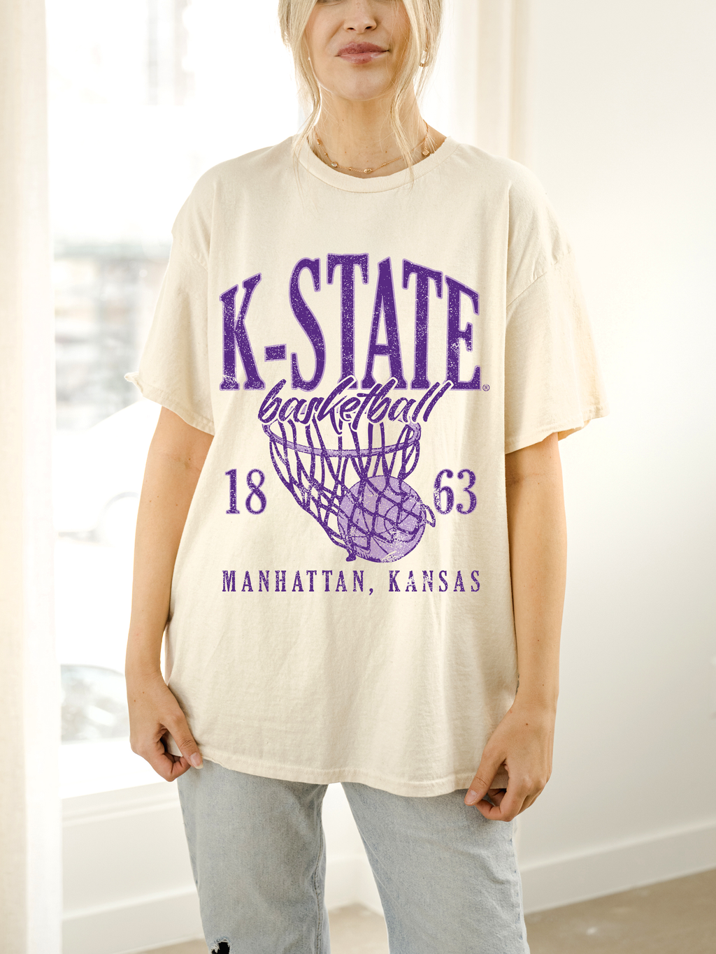 Kansas State Wildcats Big Basketball Off White - Adult & Kids T-Shirts, Sweatshirts & Hoodies apparel design preview 1