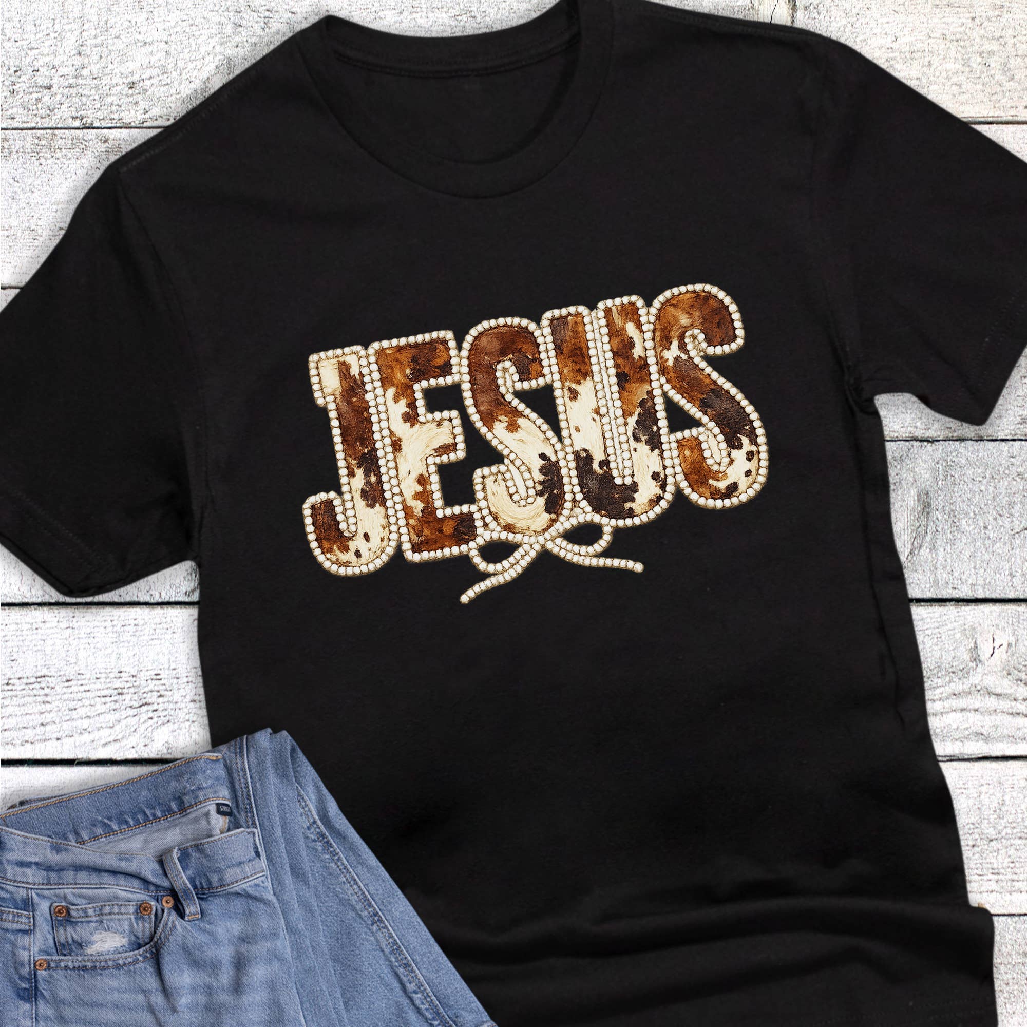 Faith Jesus Cow Print Pearls Graphic - Adult & Kids T-Shirts, Sweatshirts & Hoodies apparel design preview 1